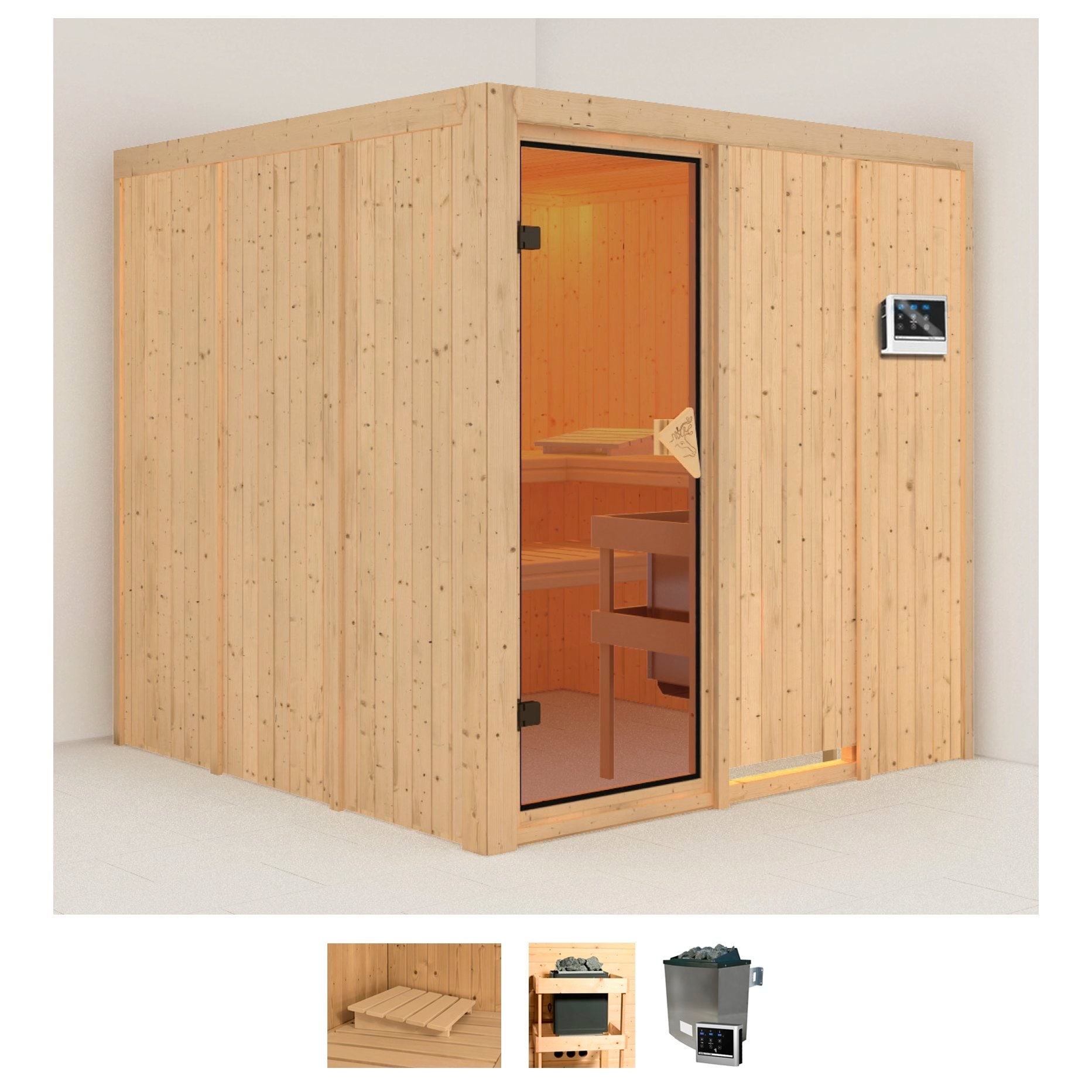 Karibu Sauna "Rodin", 9-kW-Ofen mit externer Steuerung