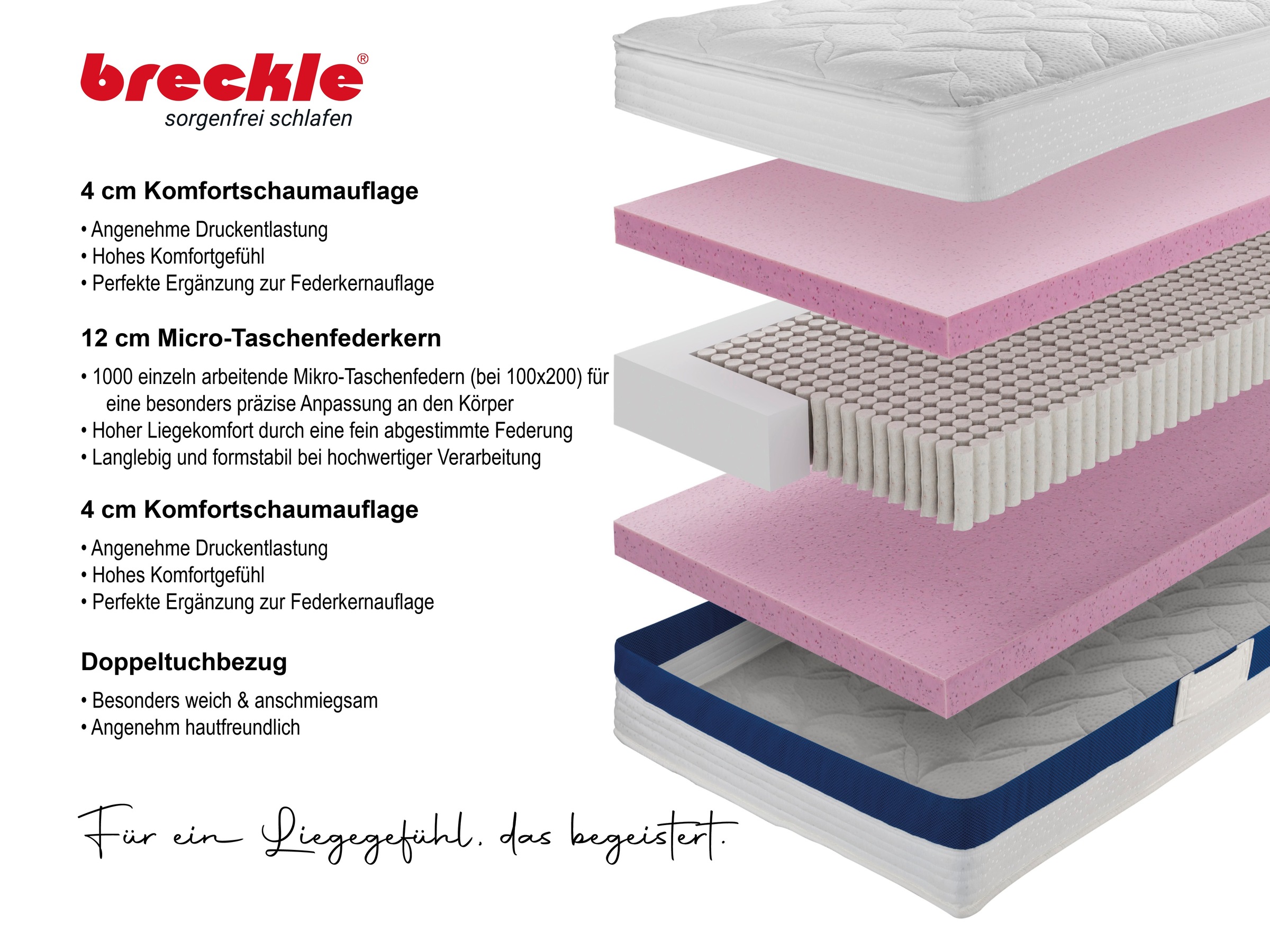 Breckle Taschenfederkernmatratze "1000 Pur, 7 Zonen Matratze 90x200 cm, 140x200 cm & weitere Größen" 25 cm hoch 1.000 Federn 1 Stk. tlg. Matratze H2/H3/H4, ergonomisch, atmungsaktiv