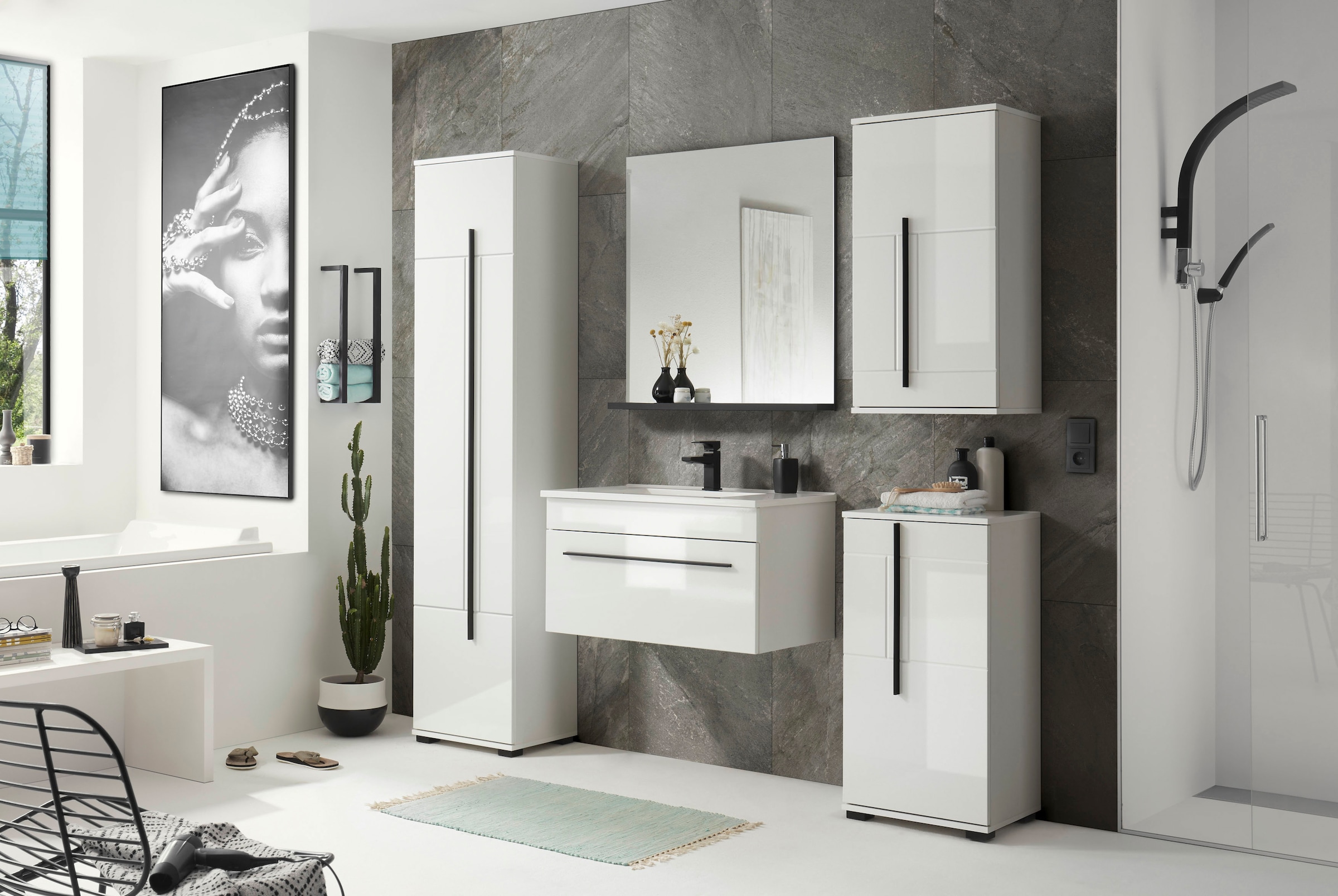 INOSIGN Unterschrank »Cantara, Badschrank in Hochglanz Weiß, Schrank im modernen Design«, mit schwarzen Griffen, ausreichend Stauraum