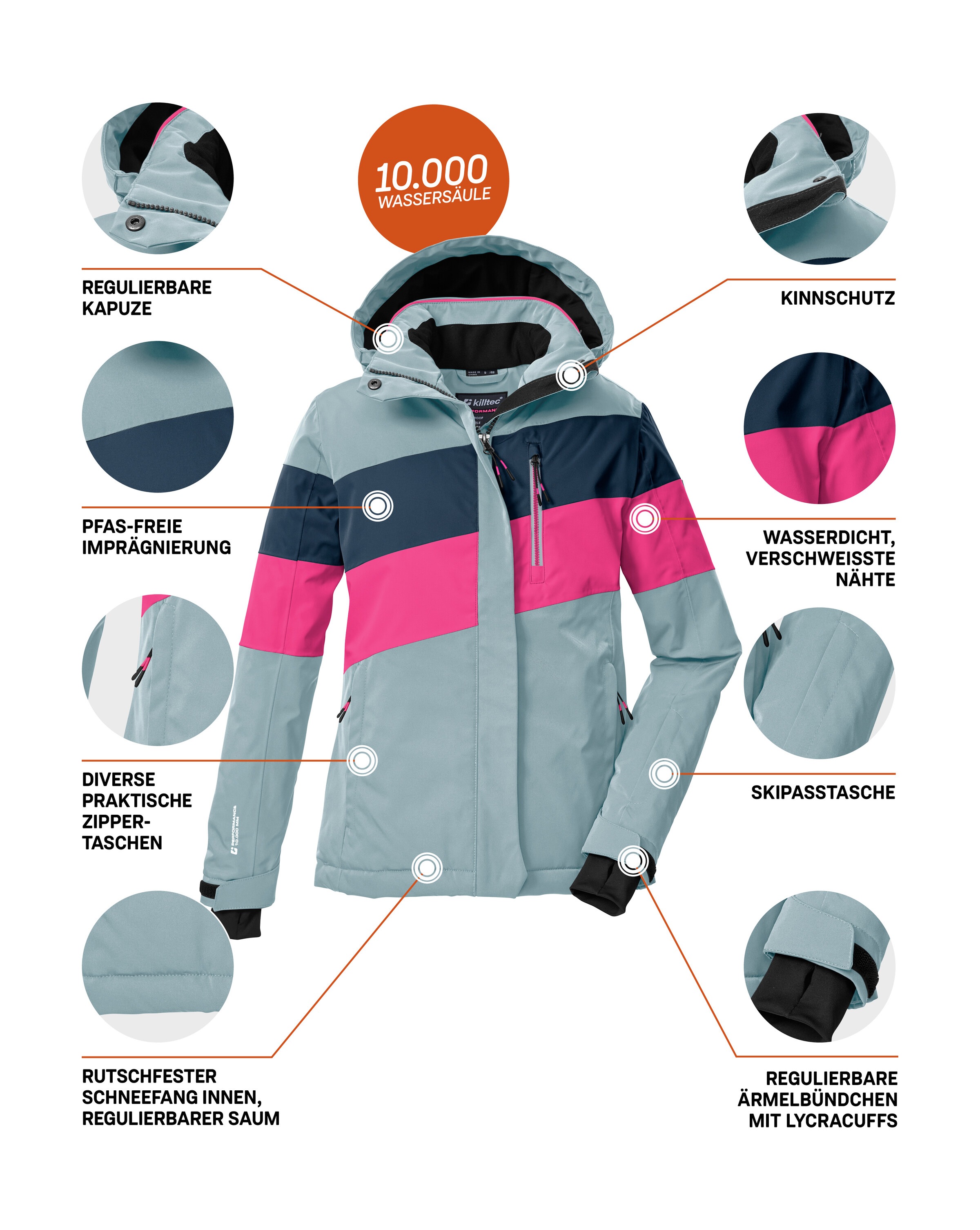 Killtec Skijacke »KSW 197 GRLS SKI JCKT«, Wasserdicht, atmungsaktiv, verstellbare Kapuze, viele Taschen