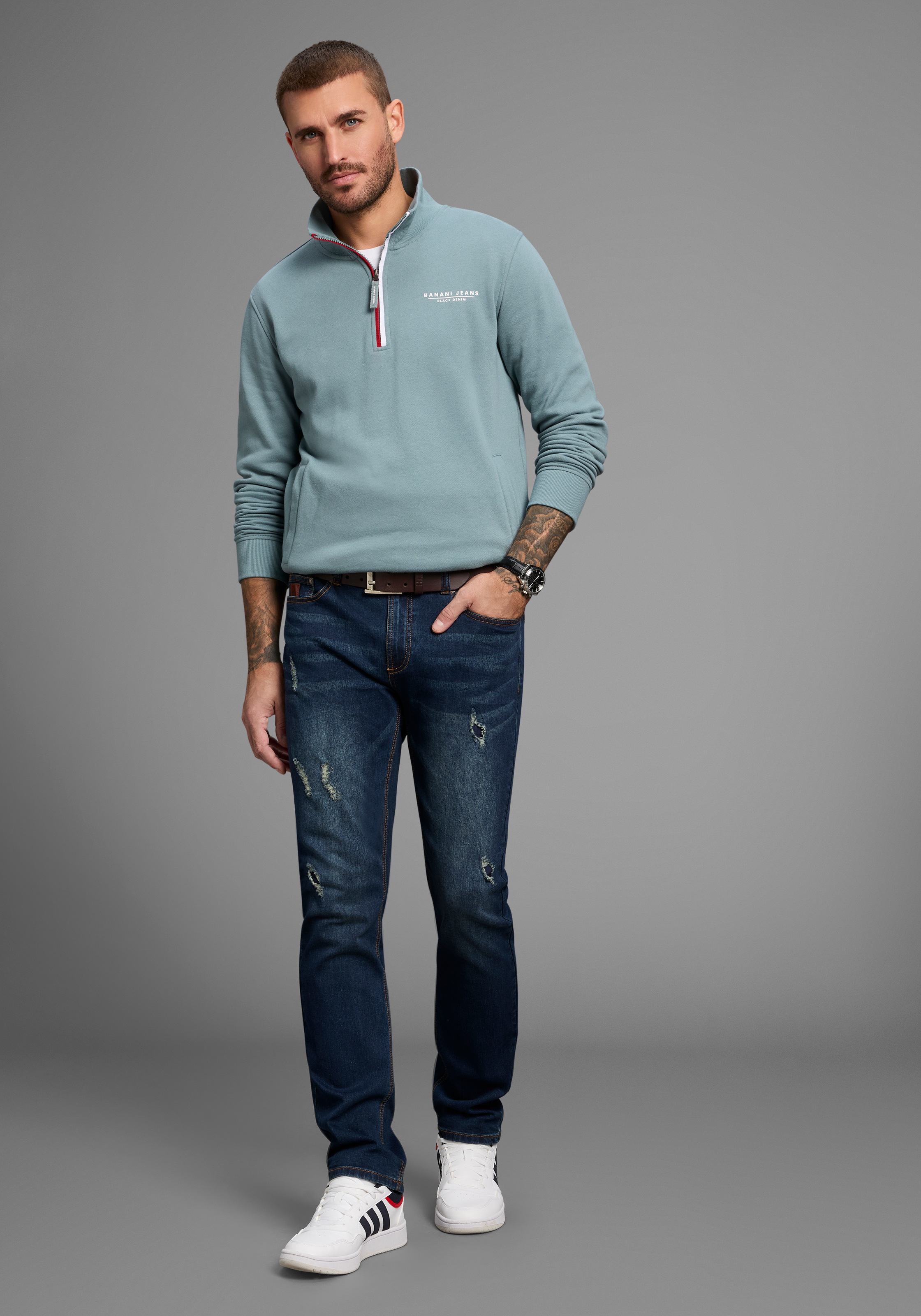 Straight-Jeans BRUNO BANANI "Hutch", Herren, Gr. 40, Länge 34, blau (blau dam.), Denim/Jeans, Obermaterial: 98% Baumwolle, 2% Elasthan, Destroyed-Effekte, normal lang, Jeans Straight-Jeans, gerade geschnittenes Bein, niedrige Leibhöhe, reguläre Passform,  3