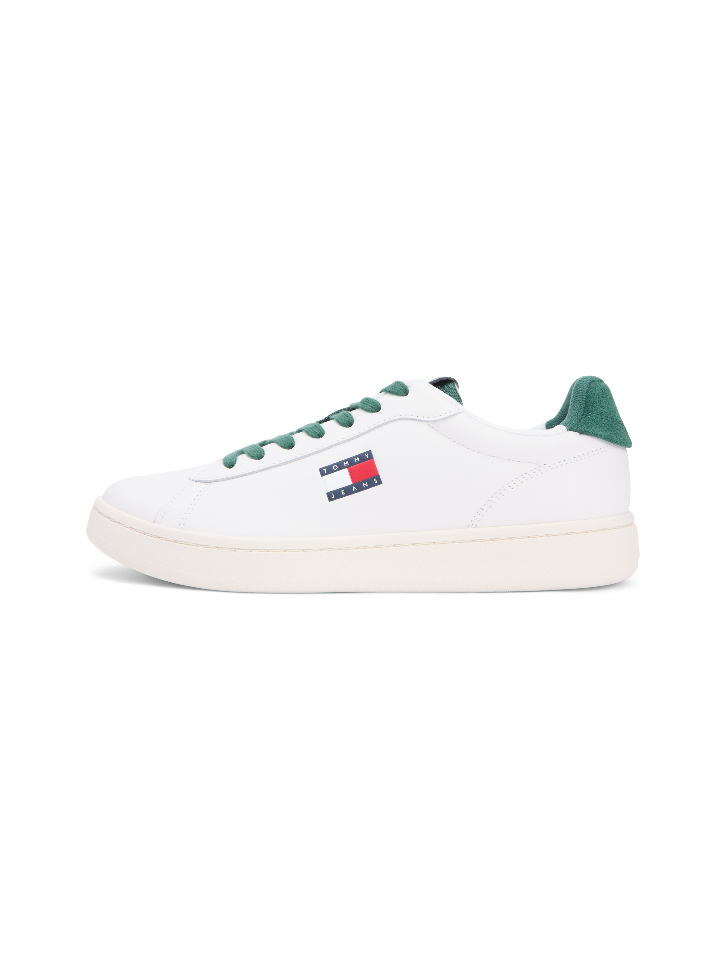 Sneaker TOMMY JEANS "ARCHIVE '98", Herren, Gr. 45, ecru, dunkelgrün, Nappaleder, Textil, unifarben mit Farbeinsatz, Schuhe Sneaker, Freizeitschuh, Streetwear, Halbschuh, Schnürer mit Logoflagge 3