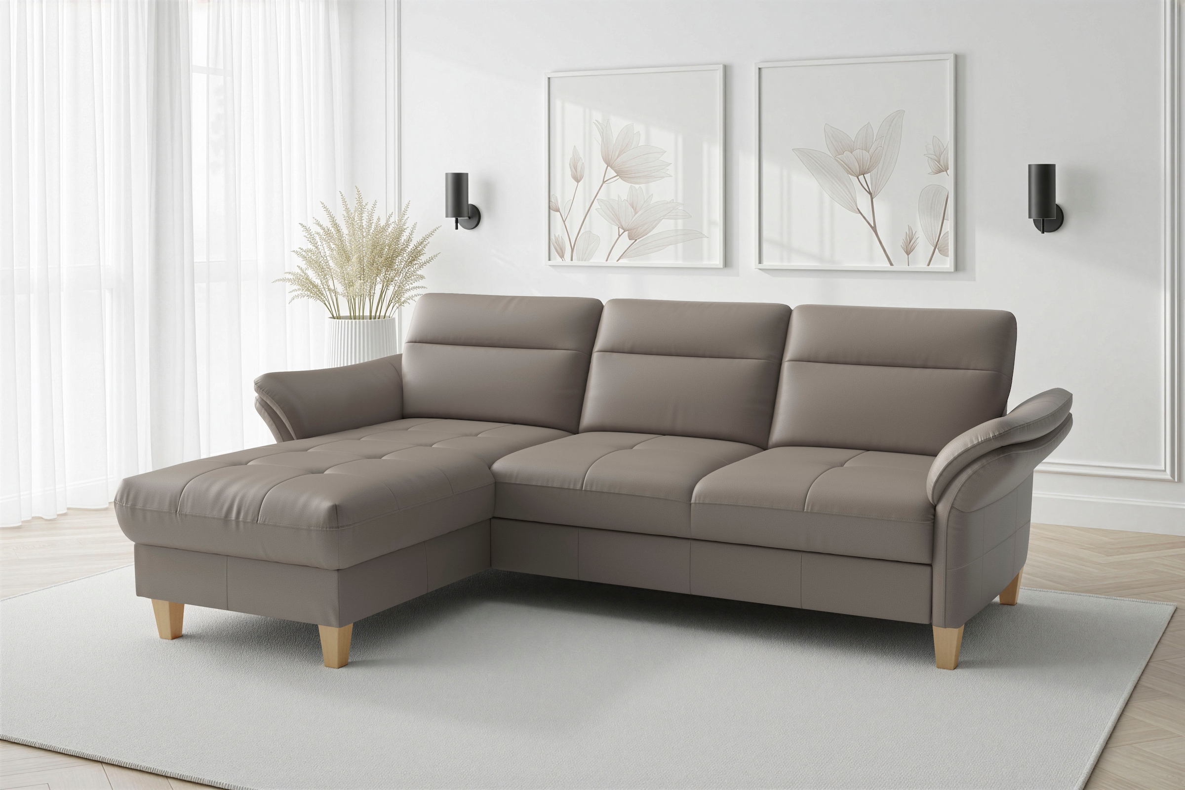 sit&more Ecksofa "Pamela L-Form, Leder, B: 218 und 230 cm mit Recamiere links od. rechts" optional Armteilverstellung, Schlaffunktion & Bettkasten