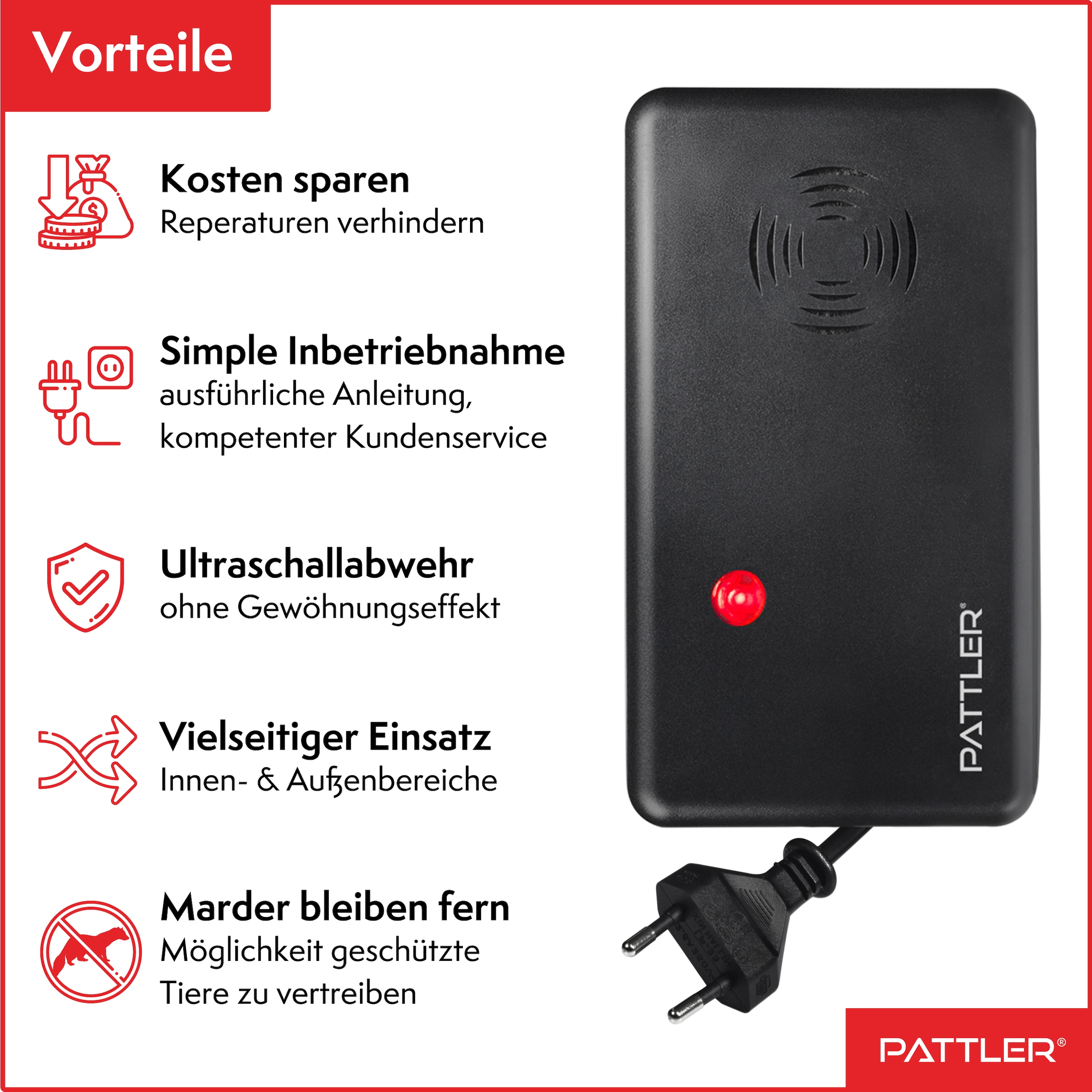 Pattler Ultraschall-Tierabwehr »Marderschreck mit  Hochfrequenztönen« 1 Gerät für ca. 60 m²