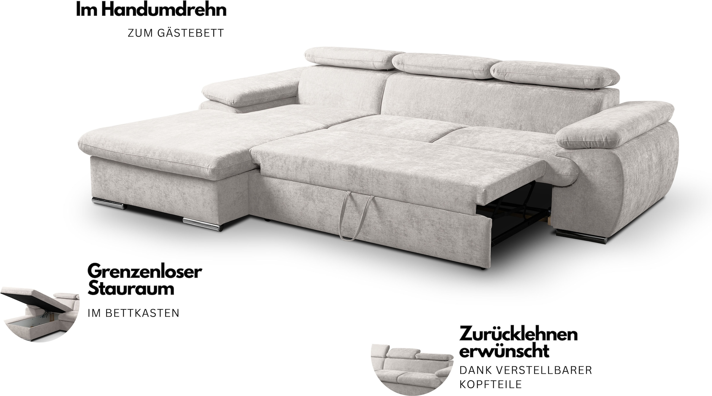 WERK2 Ecksofa »Cosmo inkl. Bett & Bettkasten & Kopfteilverstellung, bequem« Chenille, L-Form, XXL, Schlaffunktion, Bettkasten
