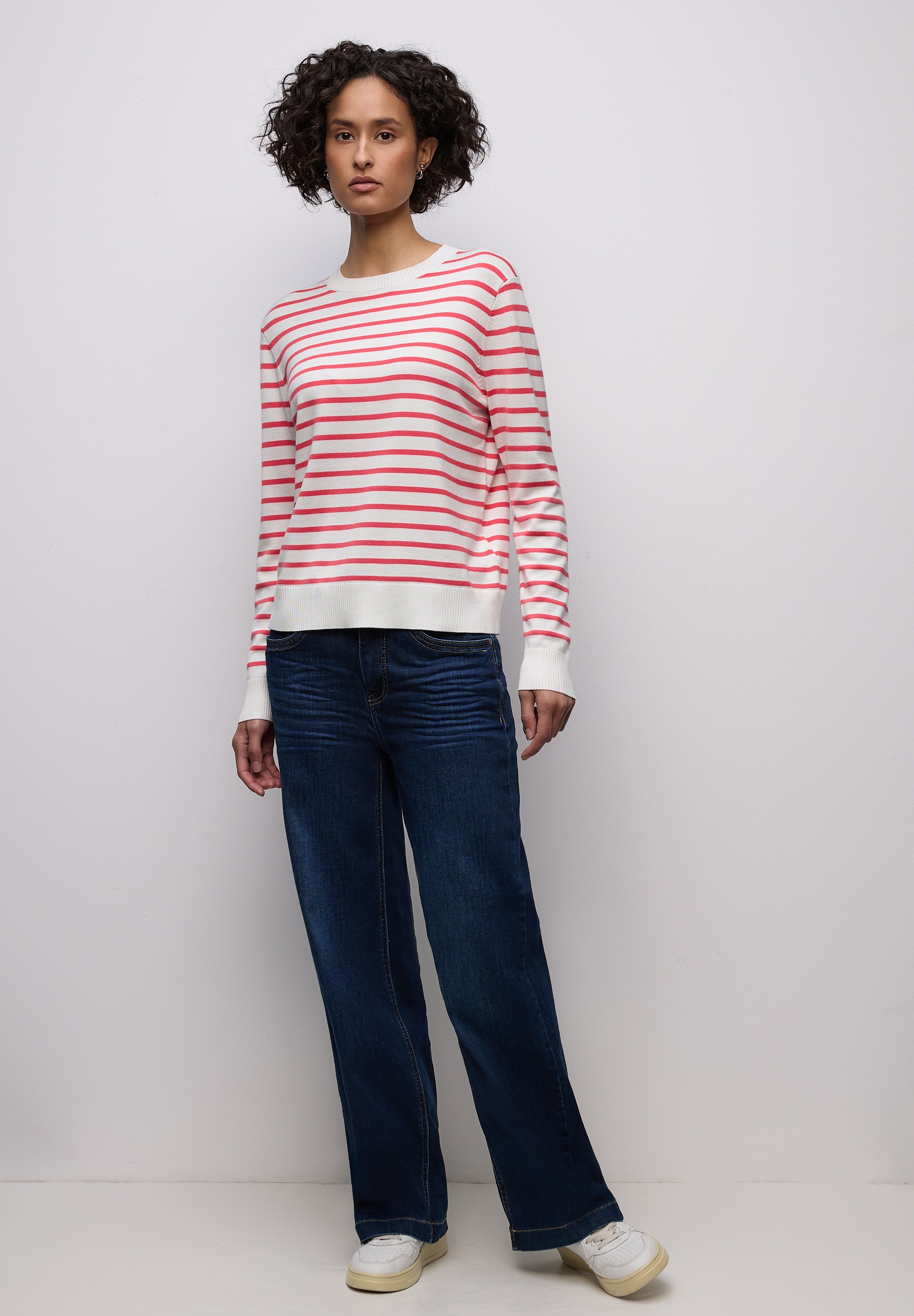 Strickpullover STREET ONE, Damen, Gr. 38, sanftes weiß, Strick, Obermaterial: 86% Viskose, 14% Polyester, gestreift, normal hüftbedeckend, Rundhals, Bündchen, Pullover Strickpullover, im Streifen-Design 2