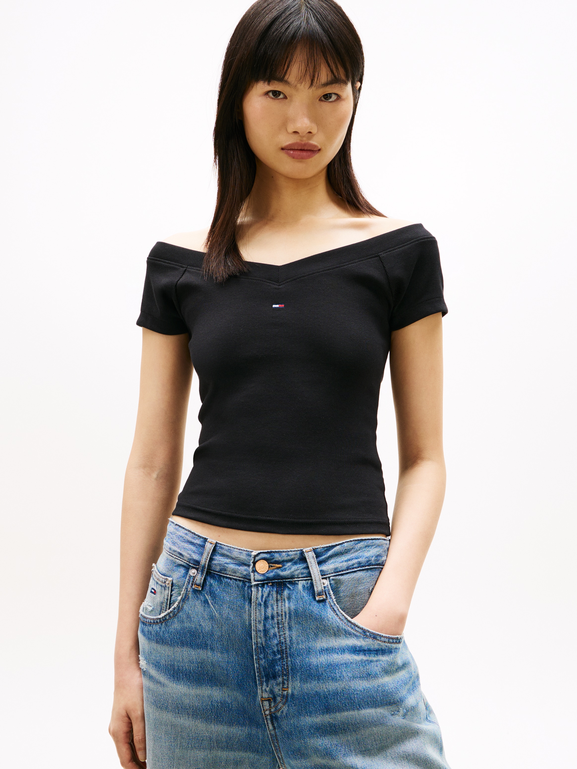 Tommy Jeans Kurzarmshirt "TJW SLIM OFF SHOULDER RIB SS TOP" mit gerippter S günstig online kaufen