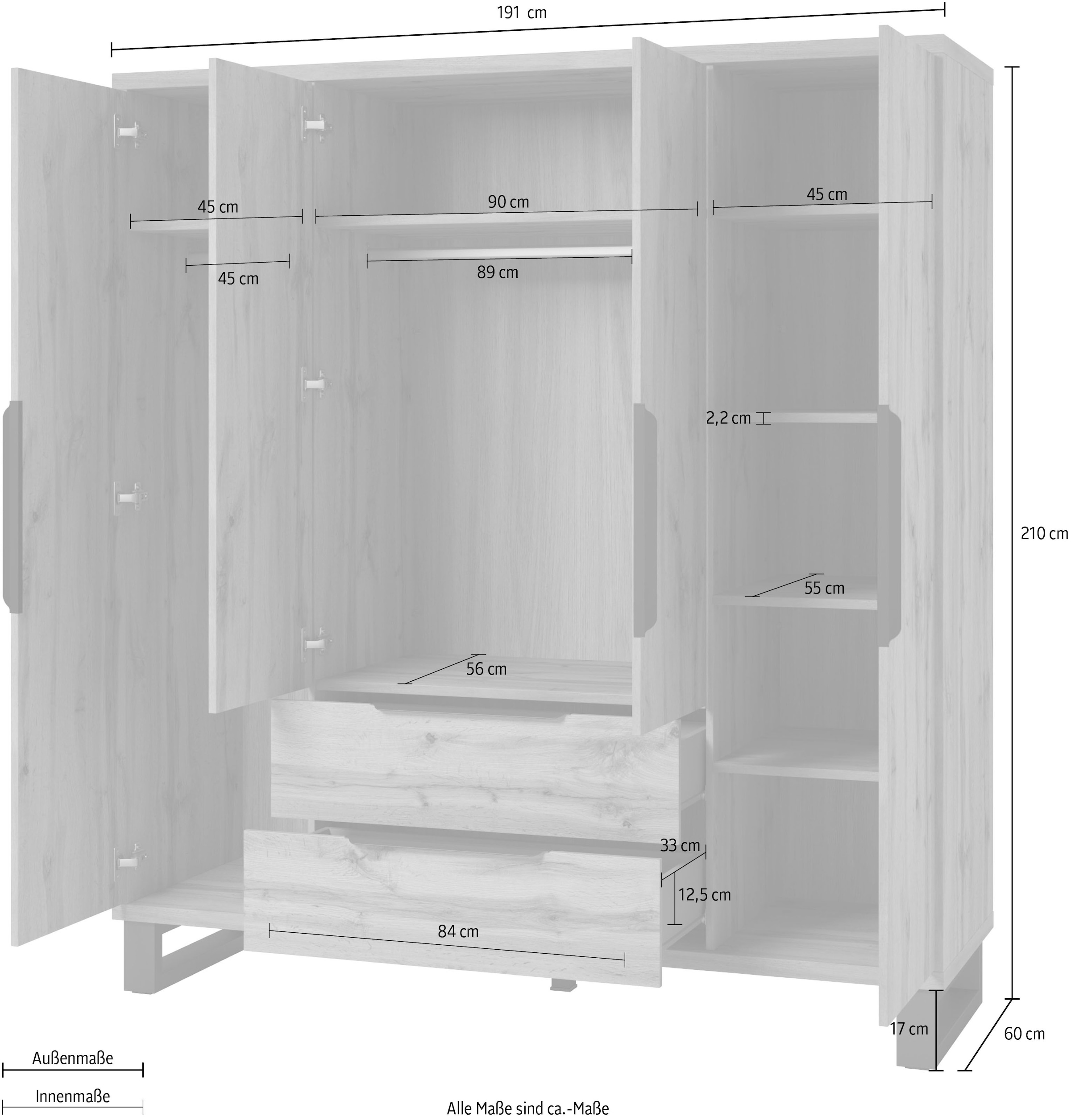 Home affaire Drehtürenschrank »Bronne,Breite 191 cm, Wäscheschrank inclusive Innenausstattung«, Kleiderschrank, 2 Schubkästen, Metallgriffe, Garderobe