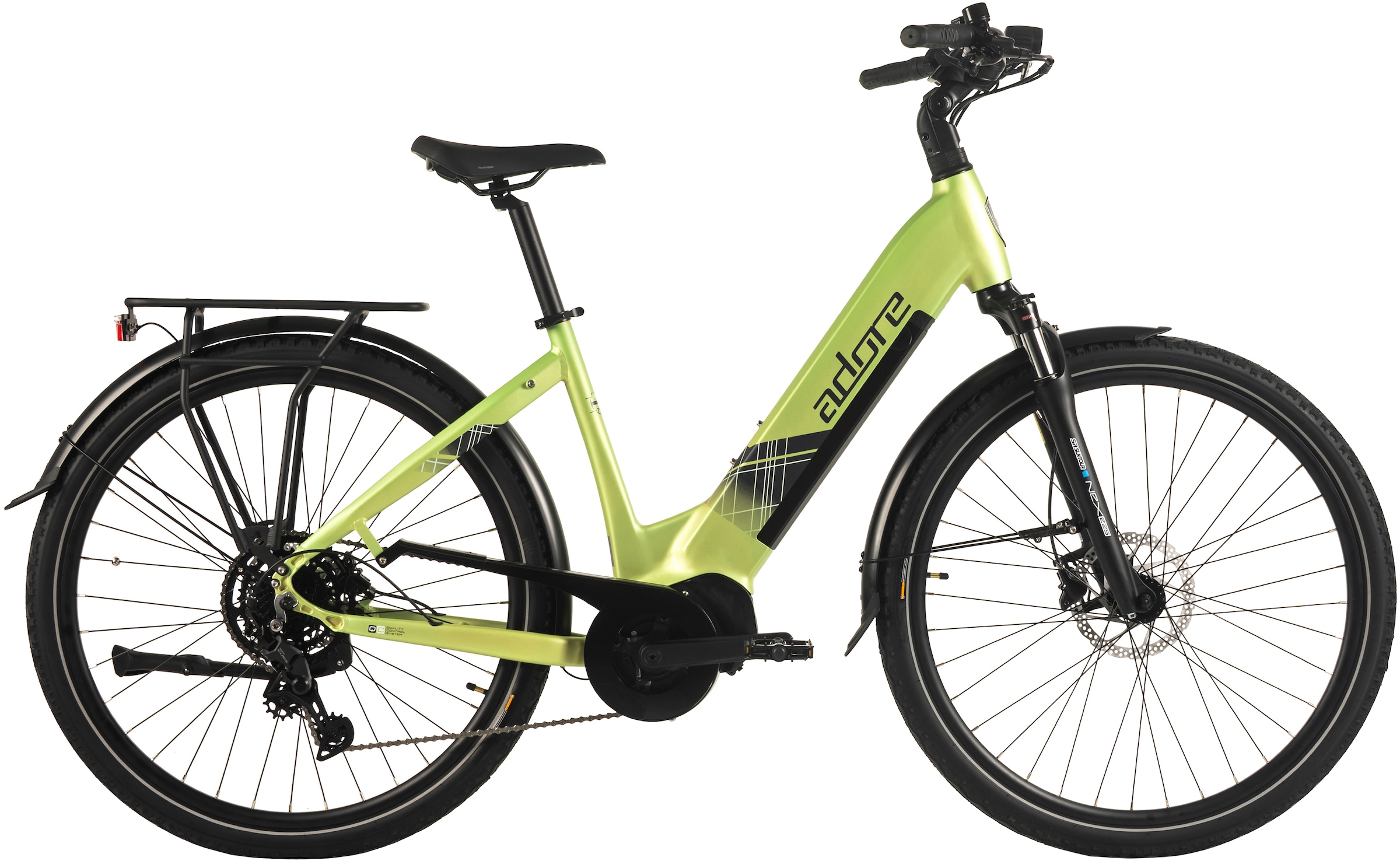 Adore "28" Alu Cityfahrrad Cx-380 Mittelmotor 85NM / 15Ah Lime Green Matt" 9 Gang Shimano Cues Schaltwerk Kettenschaltung Mittelmotor 250 W Pedelec,