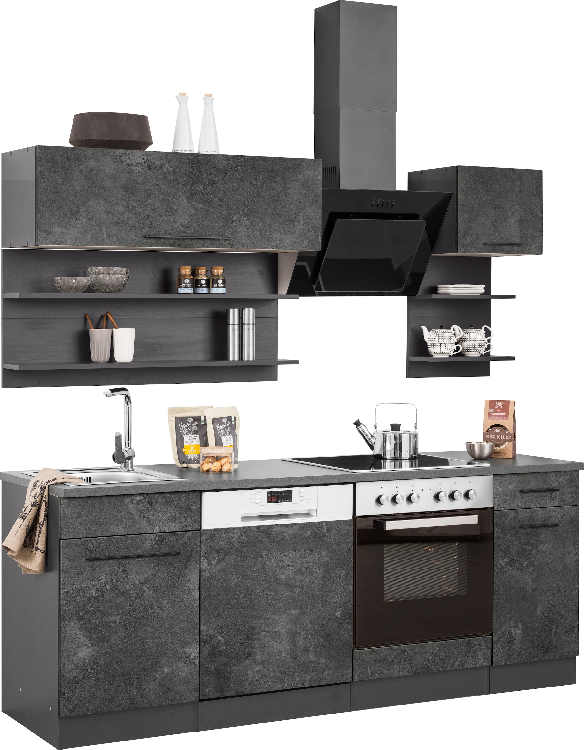 KOCHSTATION Küchenzeile »KS-Tulsa«, ohne E-Geräte, Breite 210 cm, schwarze Metallgriffe, MDF Fronten