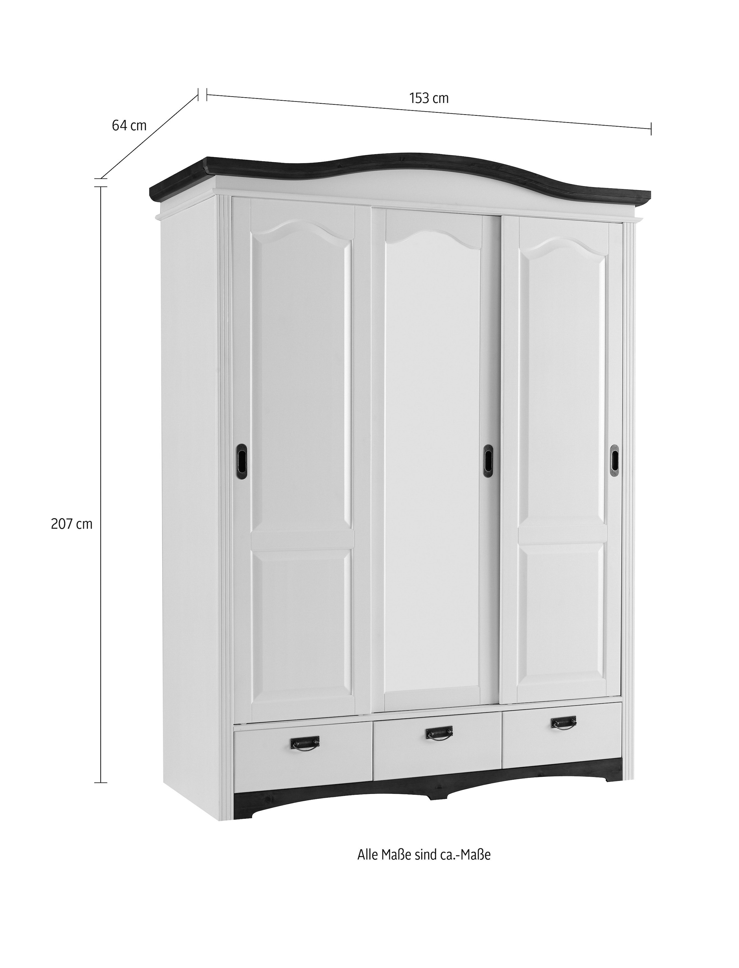 Home affaire Schiebetürenschrank »Konrad, Landhausstil, rustikal, mit Schubladen + Spiegel, Kassetten«, (3 Breiten: 153/202/249 cm H/T ca.207/64 cm), massive Kiefer, FSC®-zertifiziert, Messinggriffe, mehrere Varianten