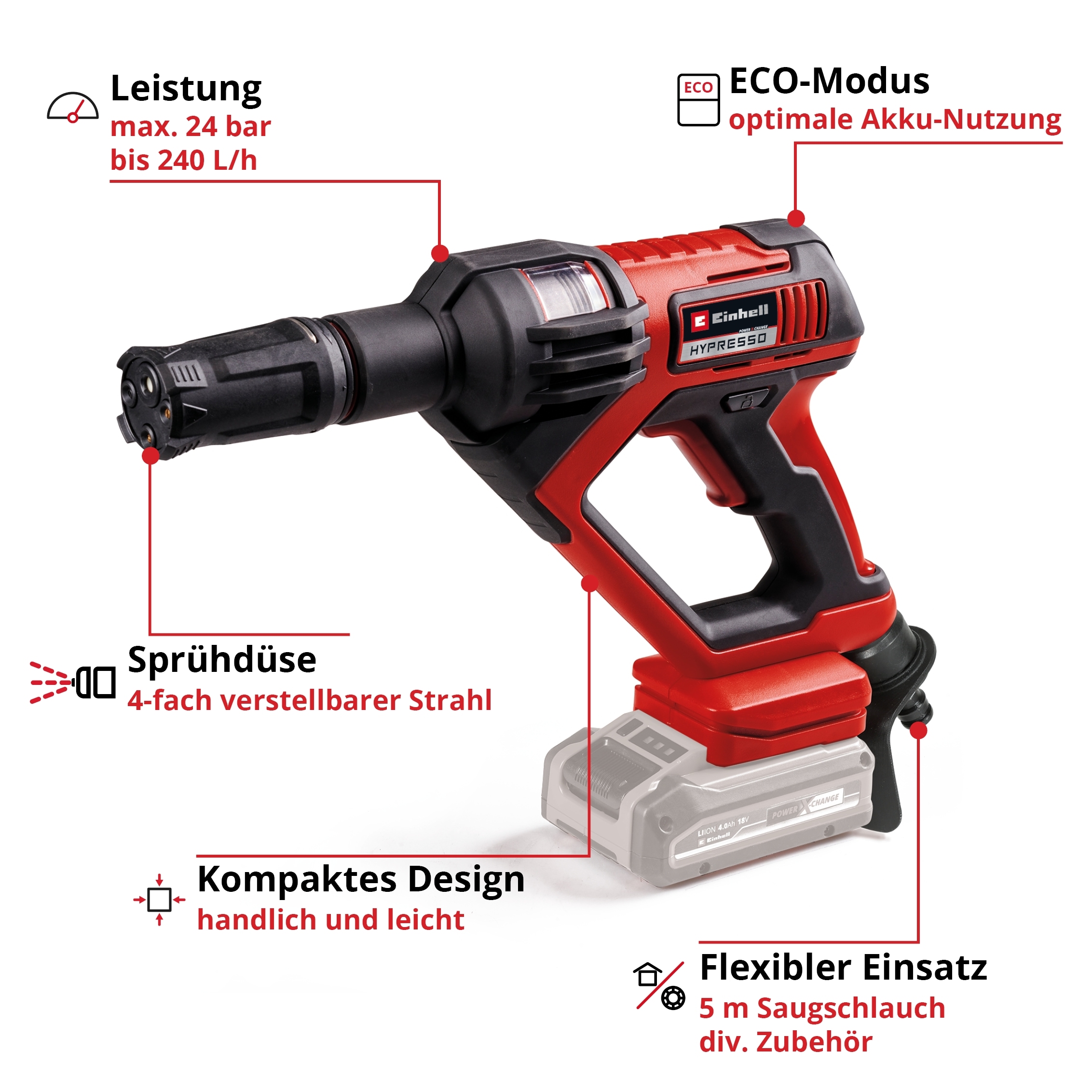 Einhell Akku-Druckreiniger »HYPRESSO 18/24-1«, Druckreinigerpistole ohne Akku und Ladegerät