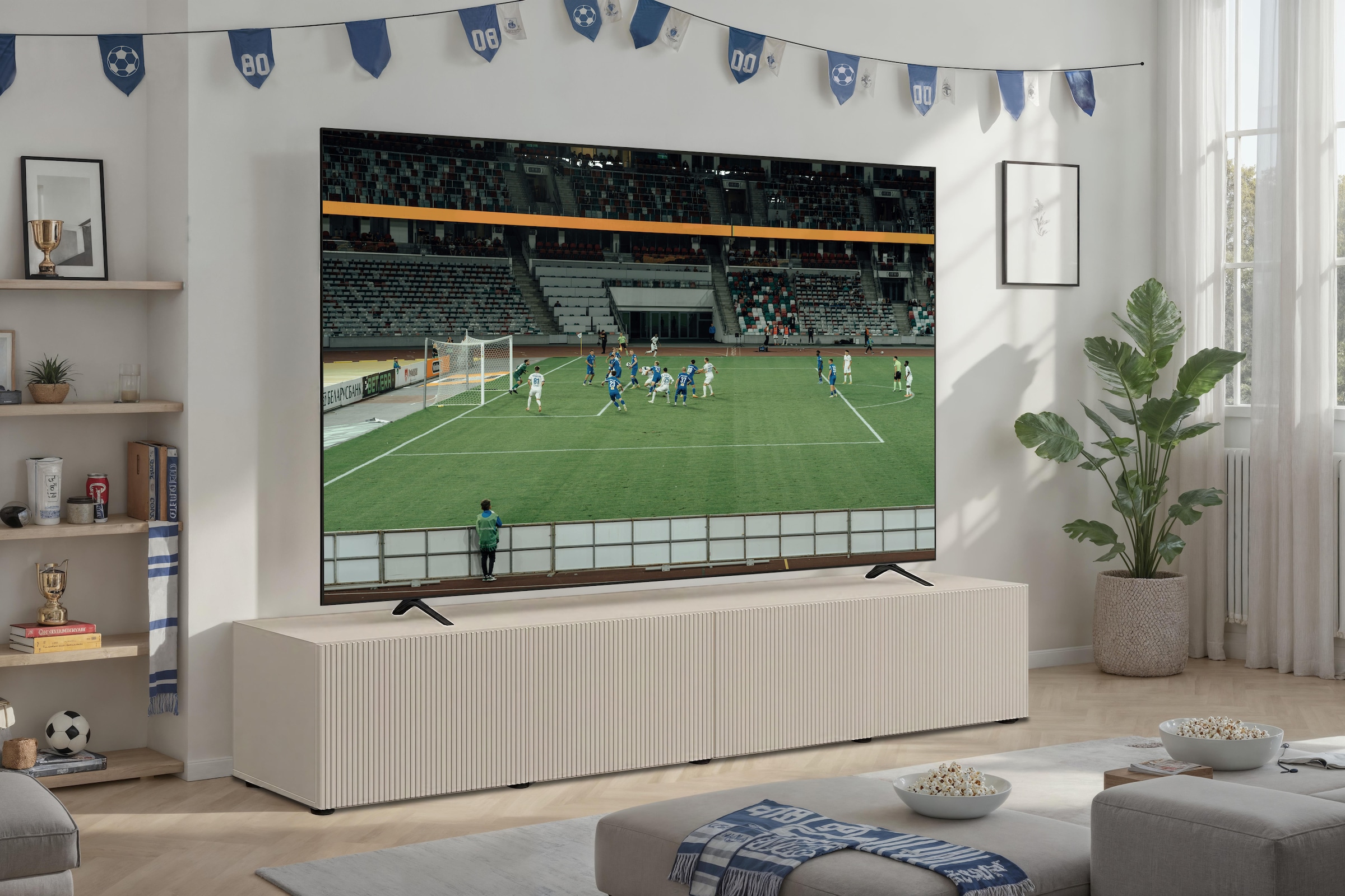 Home affaire Lowboard »Rio, 245 cm breit, 47 cm tief, 4 Türen mit geriffelten MDF Fronten« Modernes Lowboard für bis zu 98-Zoll-TV – perfekt für die WM
