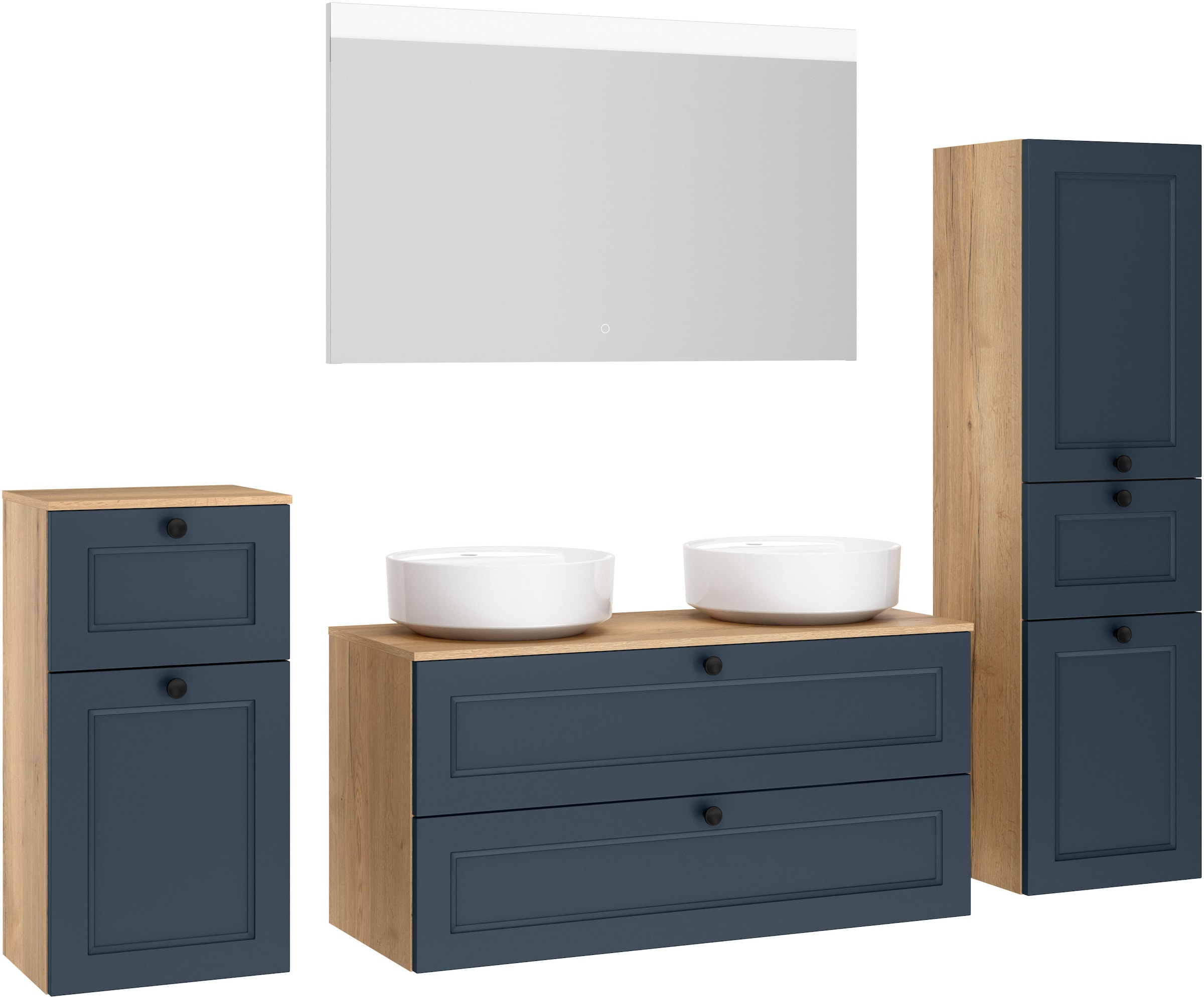 nobilia® Badmöbel-Set »Cascada« Set, inkl.  2 Aufsatzwaschbecken und beleuchtetem  Spiegel mit Touch-Sensor, 6 Stk. tlg.