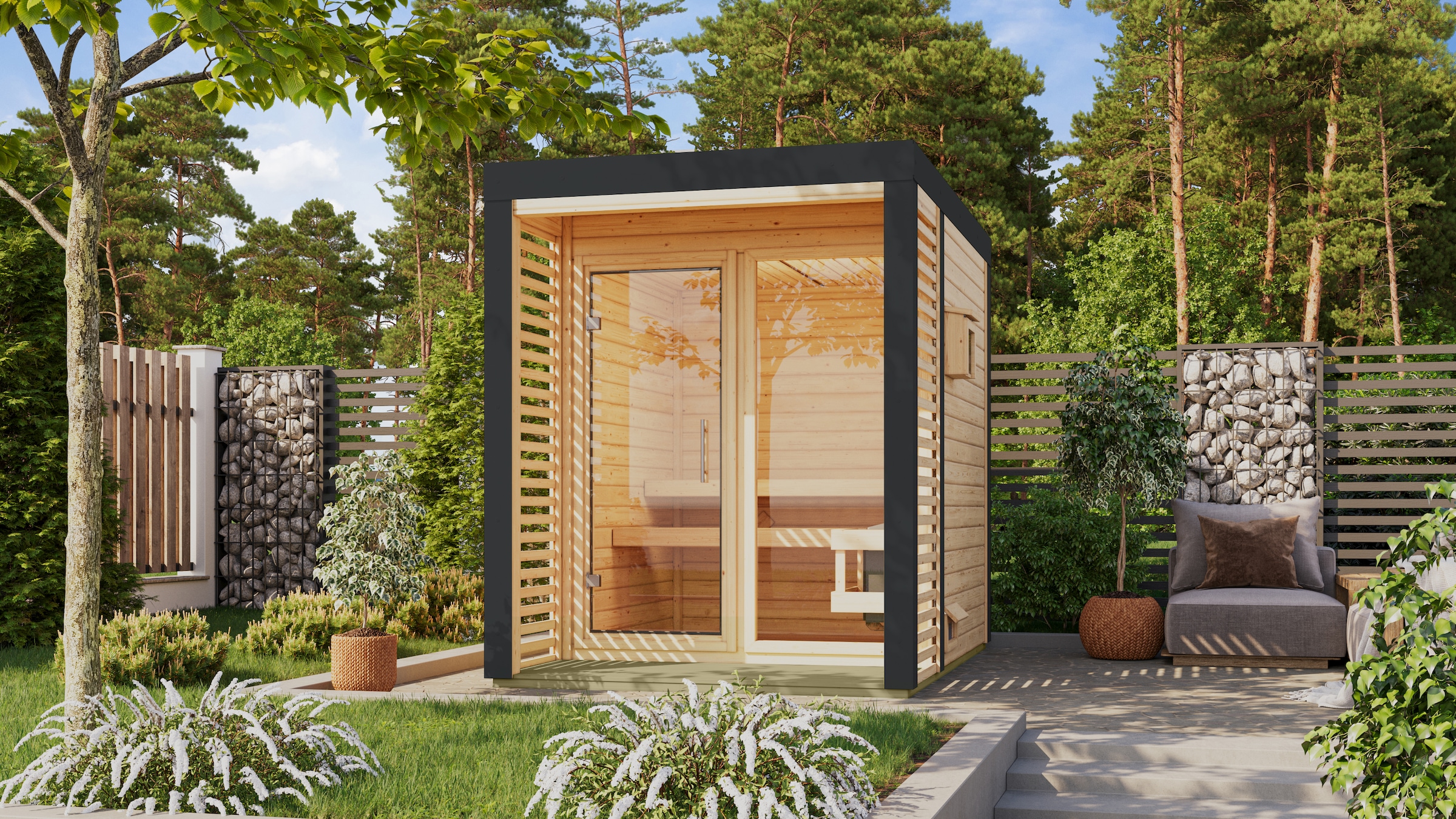 Karibu Saunahaus ""Adrian 1" naturbelassen/anthrazit" in verschiedenen Ausführungen erhältlich, Ofen 9 kW externe Strg easy