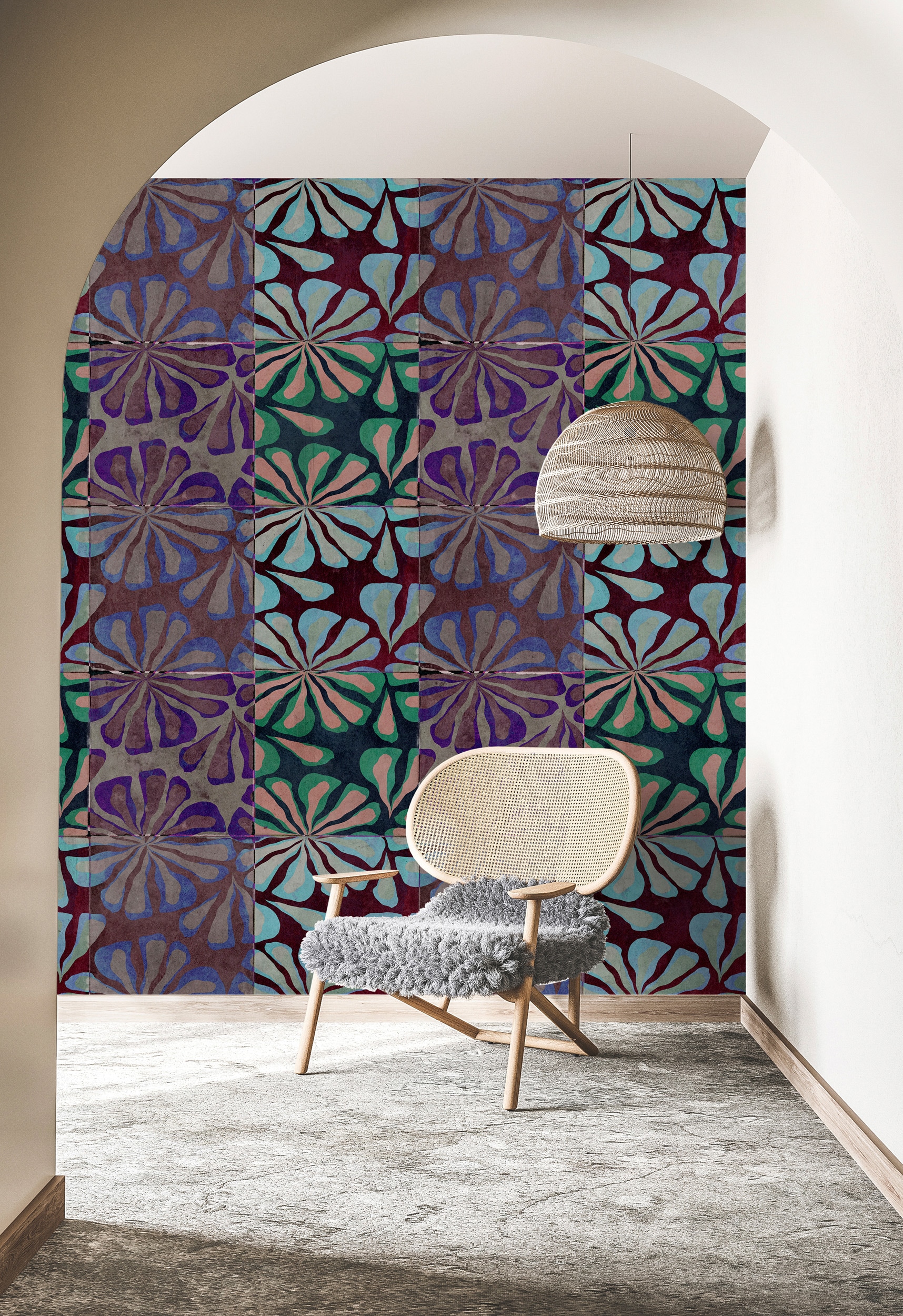 living walls Vliestapete "Retro-Blumen-Tapete Bunt Lila Türkis 70er Stil" matt glatt