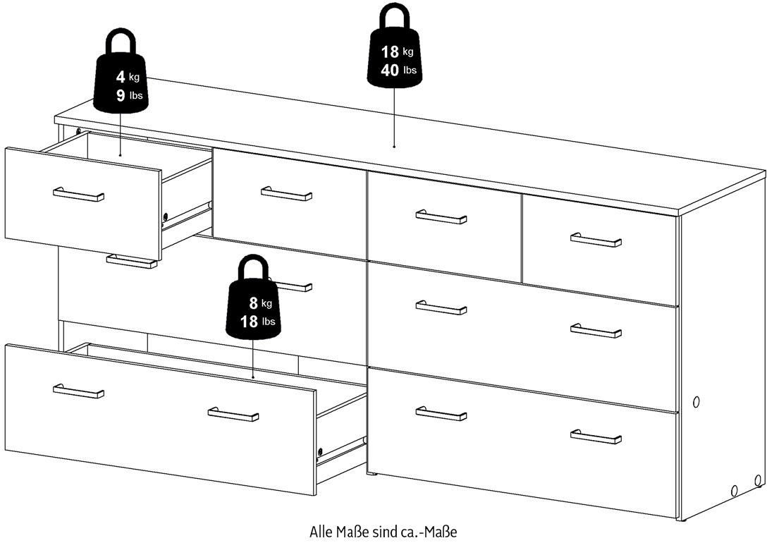 INOSIGN Kommode »Space Aufbewahrung, Schubladenschrank, Stauraum«, 8 Schubladen, viel Stauruam, Breite 147 cm, Höhe 66,7 cm