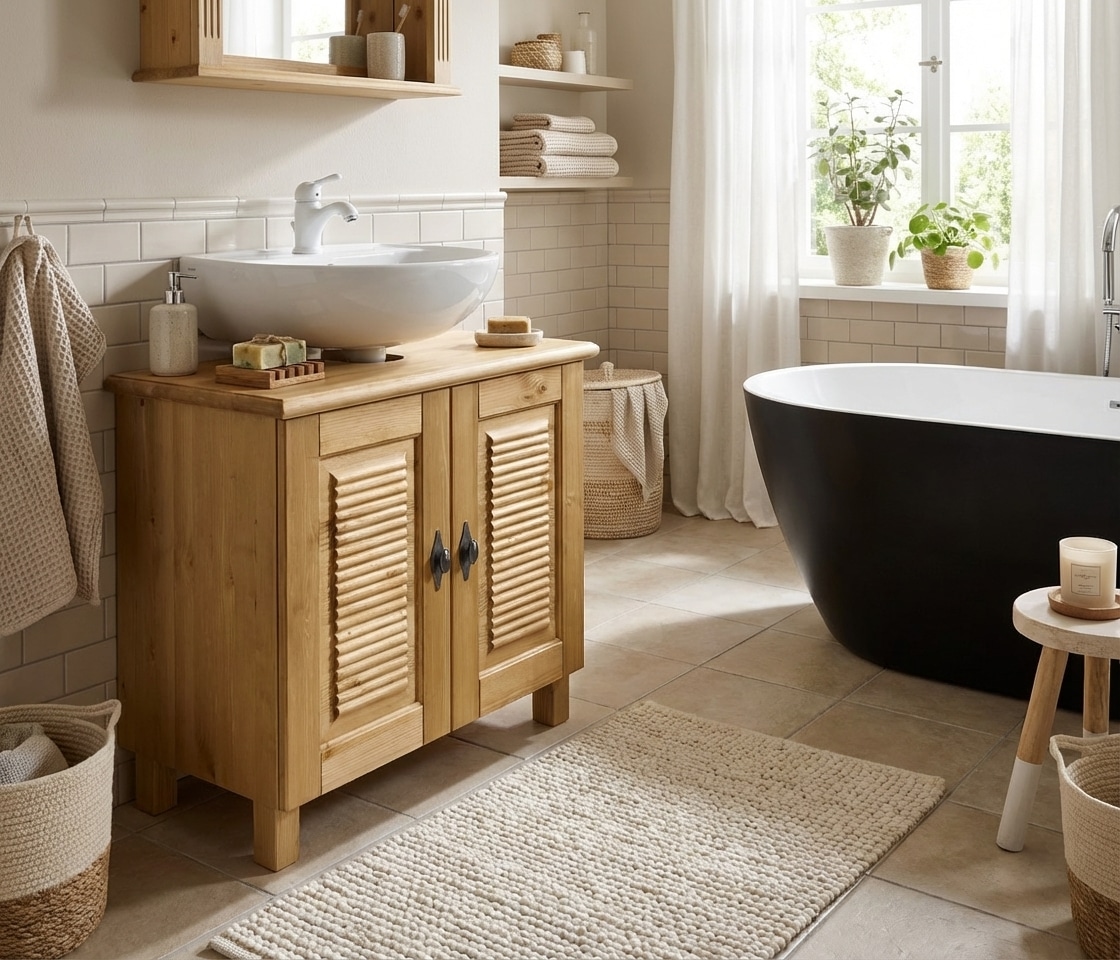 Home affaire Waschbeckenunterschrank »Rauna« aus massiver Kiefer, Breite 64 cm, Rillenoptik, made in EU