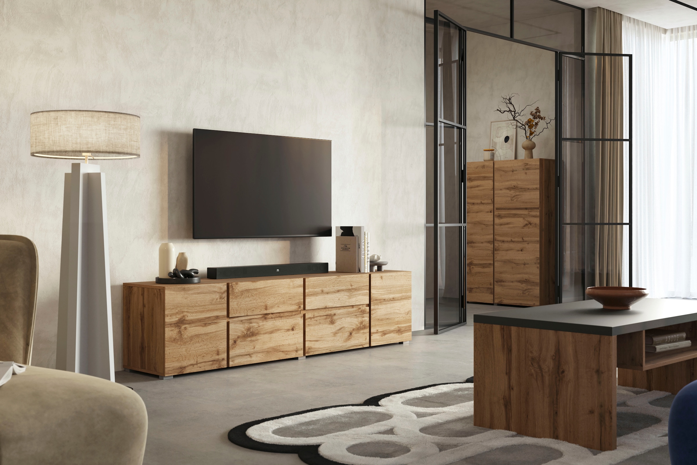INOSIGN Lowboard »Asymetric, Breite 195 cm, grifflos, 2Klappen/2Schubkästen/2Tür«, TV-Schrank mit viel Stauraum, TV-Board