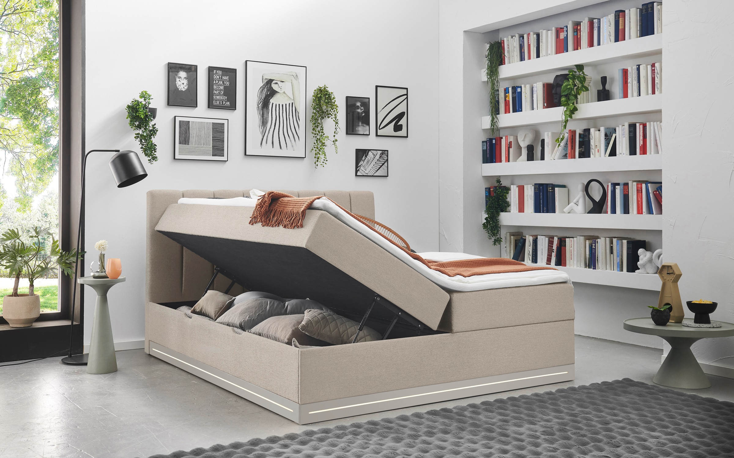 Home affaire Boxbett »WAKKANAI, Polsterbett mit Bettkasten, inkl. Taschfederkernmatratze H3« mit PUR-Schaum-Topper, mit LED-Lichtleiste, LIegefläche 180x200cm