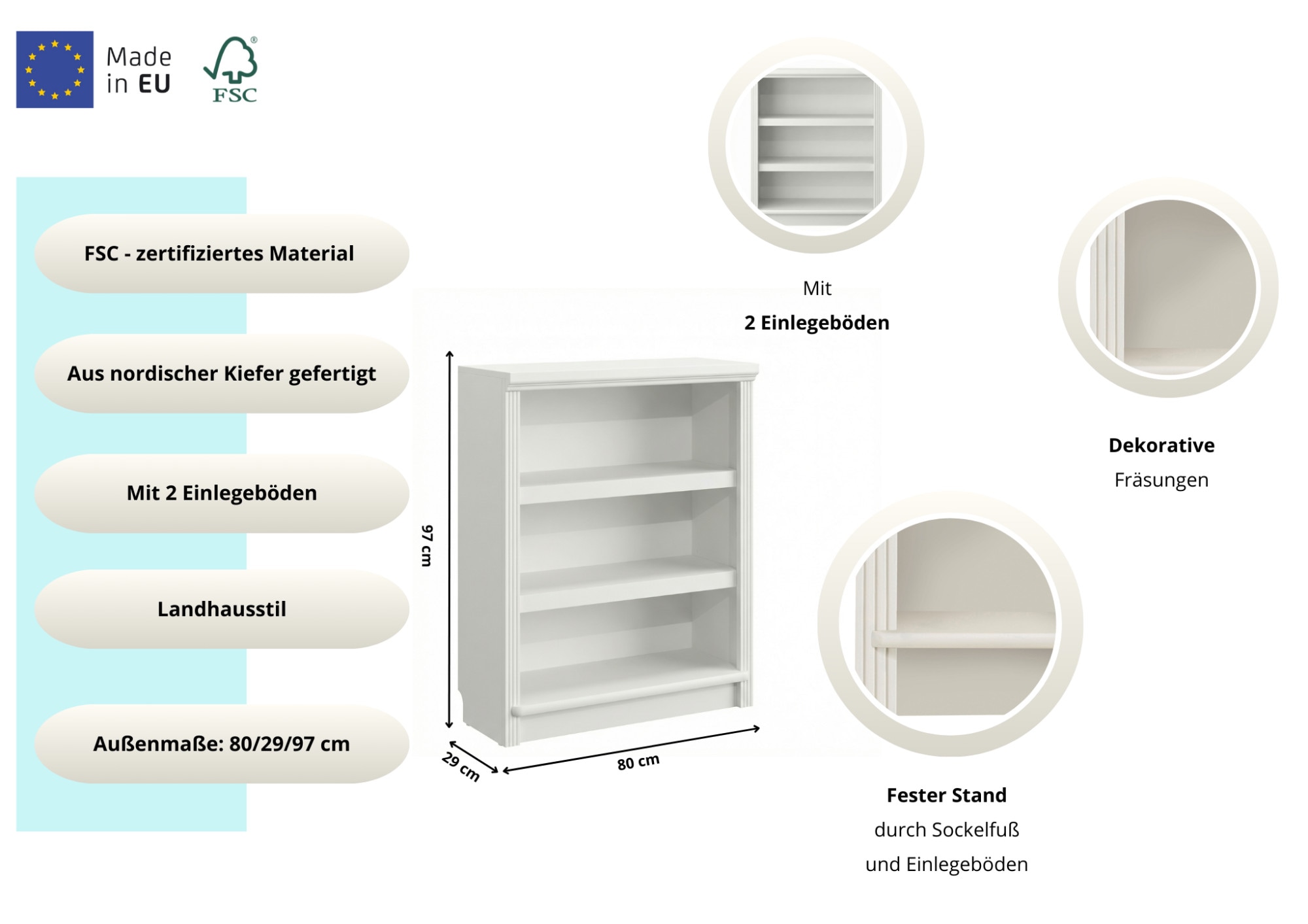 OTTO home Standregal »Soeren Regal Bücherregal B/T/H: 80/29/97 cm« massive Kiefer, FSC®-zertifiziert