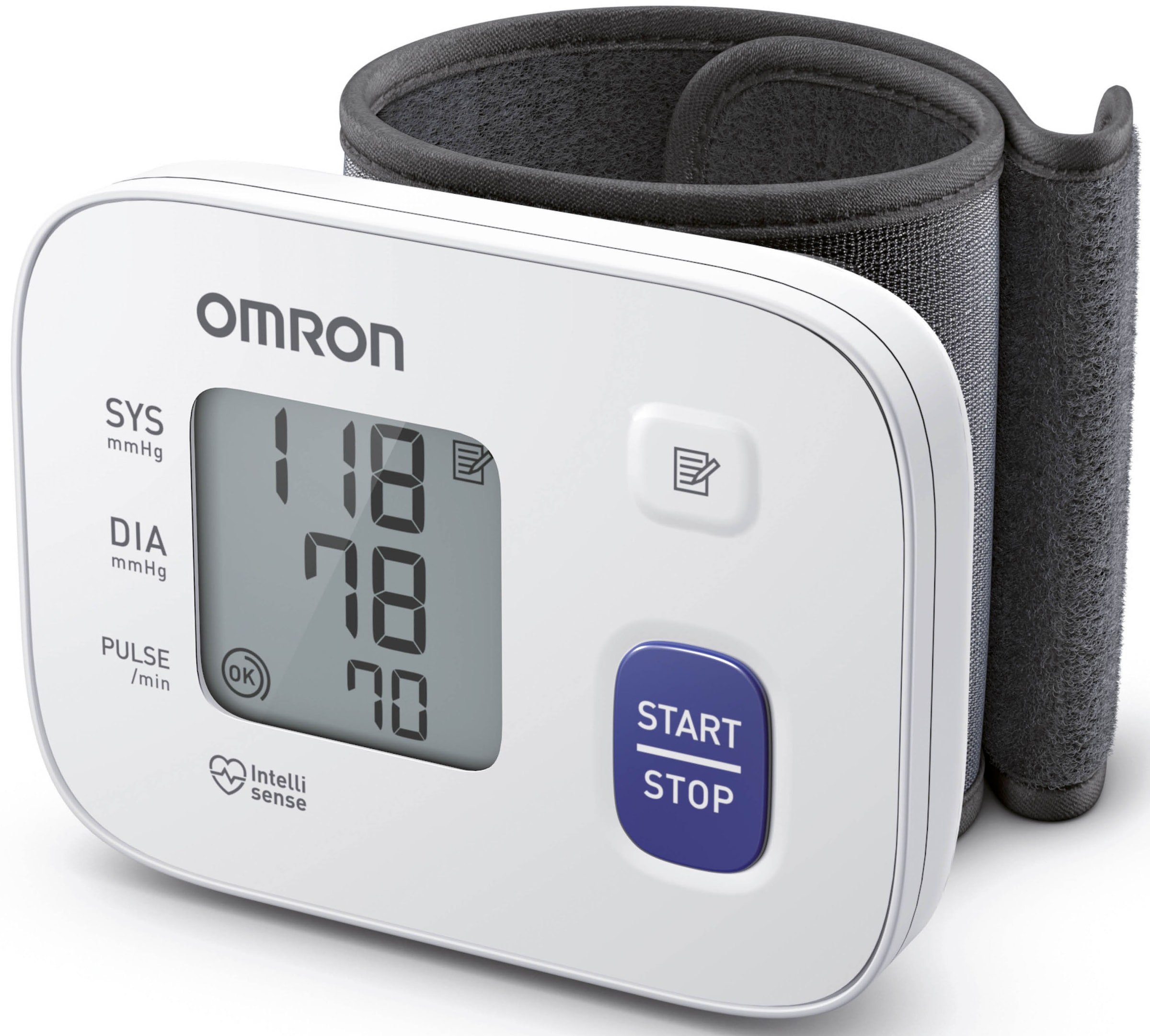 OMRON Handgelenk-Blutdruckmessgerät "RS1, klinisch validiert, vorgeformte Manschette 13.5-21.5 cm", weiß, B:8,4cm H:6,2cm T:2,1cm,