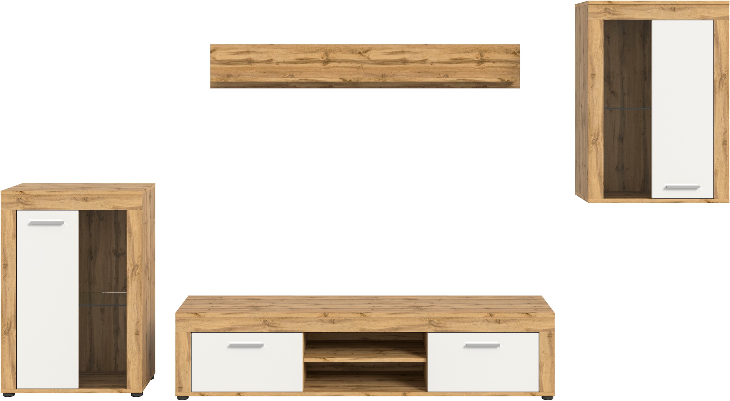 INOSIGN Wohnwand »Aosta, 4-tlg., bestehend aus: 2x Vitrine, Lowboard & Wandboard«, (4 St.), Wohnwand, Kombination, Anbauwand, Möbel Set, Schrankwand, Möbel Kombi