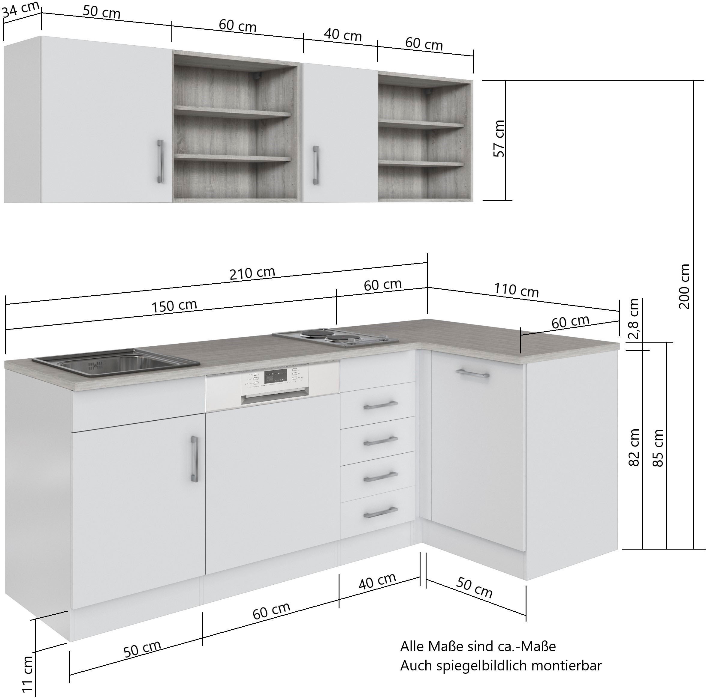 KOCHSTATION Küche »KS-Mali«, Stellbreite 210/110 cm, mit E-Geräten