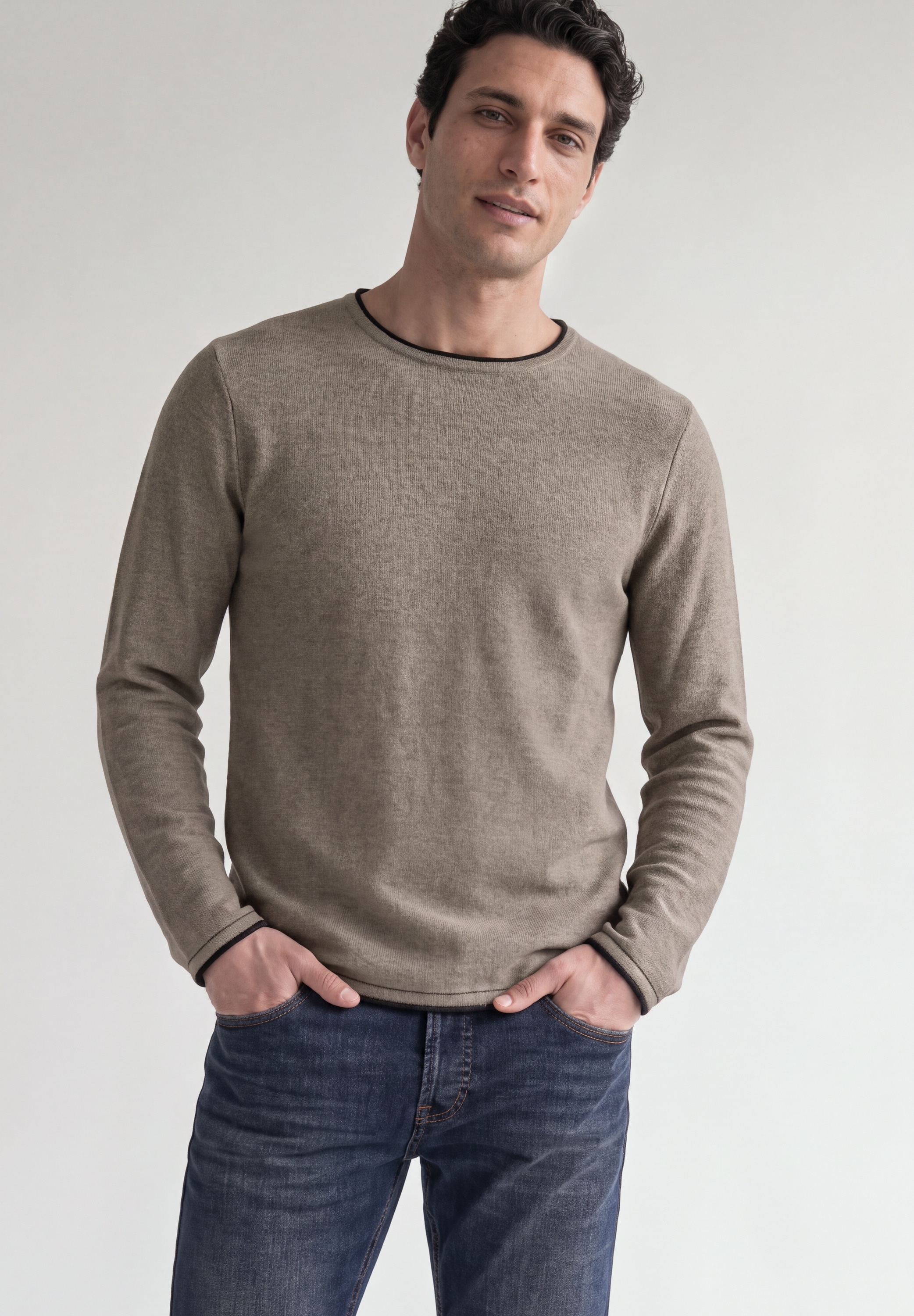 STREET ONE MEN Rundhalspullover aus reiner Baumwolle
