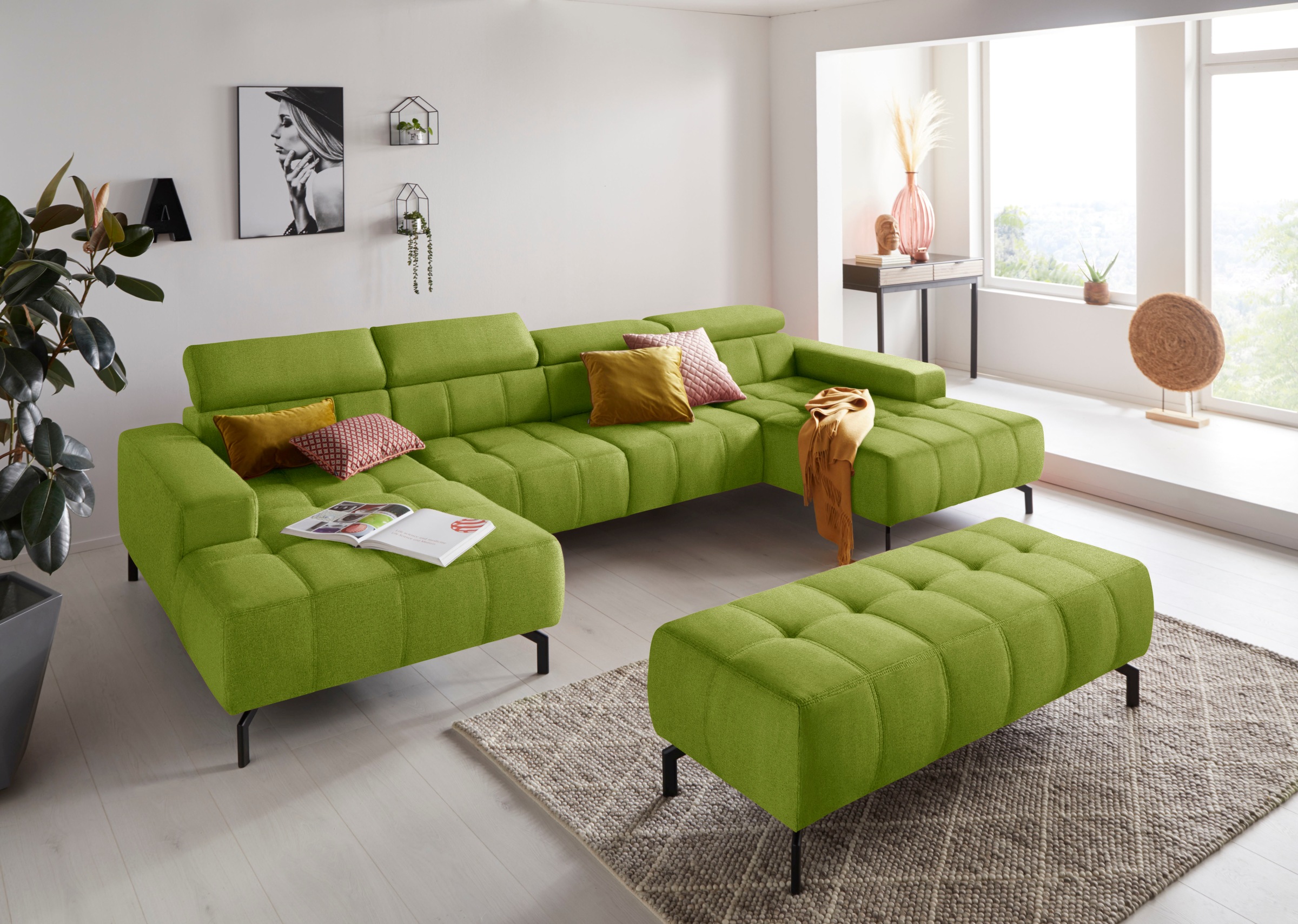 DOMO collection Wohnlandschaft »Cunelli tolle Sitznähte als Designelement, fester Sitzkomfort, U-Form«, wahlweise mit Kopfteilverstellung, bodenfrei