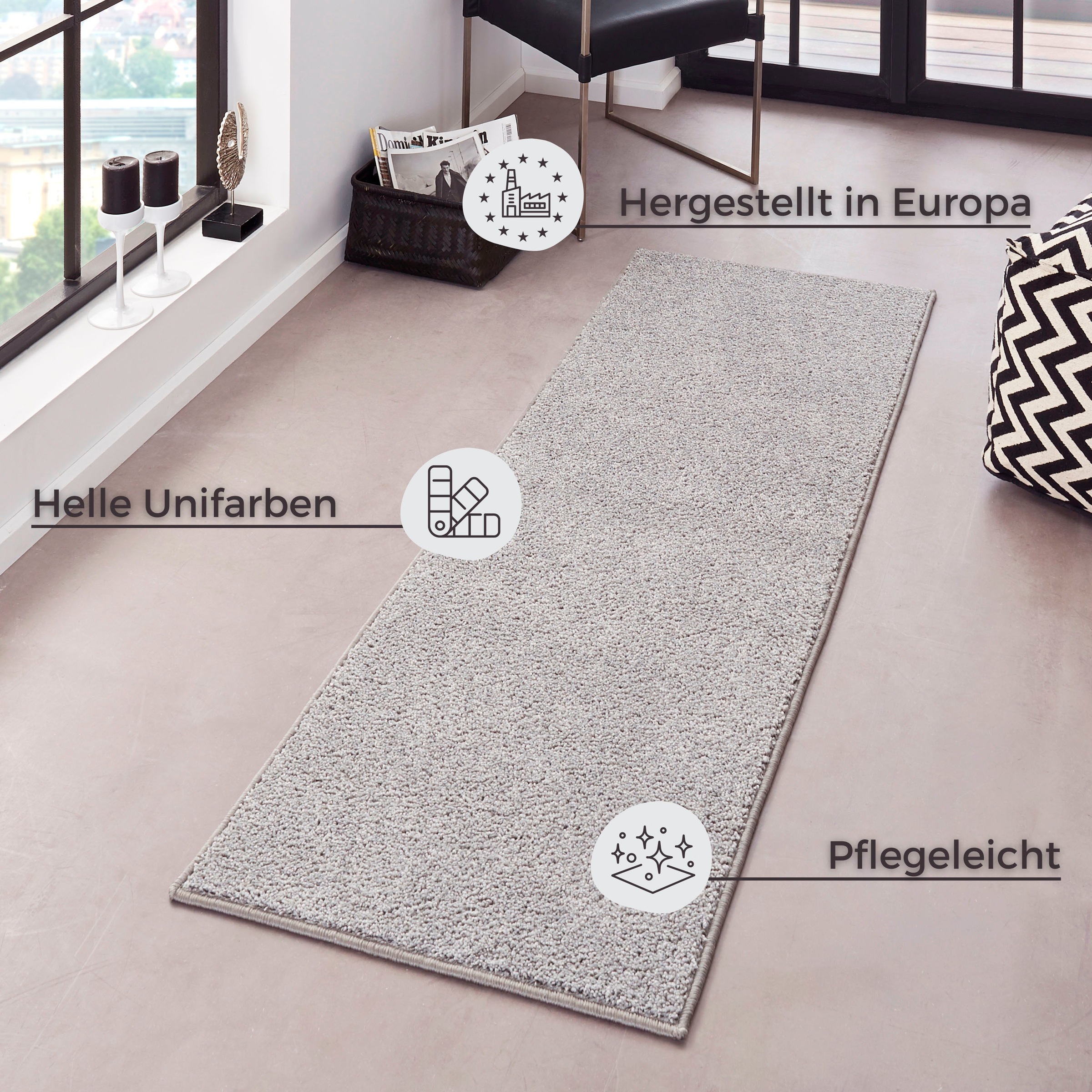 Teppich HANSE HOME "Pure 100 Kurzflor" Gr. 11, grau, B:80cm H:13mm L:200cm, Kunstfaser, Teppiche, Teppich, Kurzflor, uni, umkettelt, Läufer, Wohnzimmer, Kinderzimmer, Flur 2