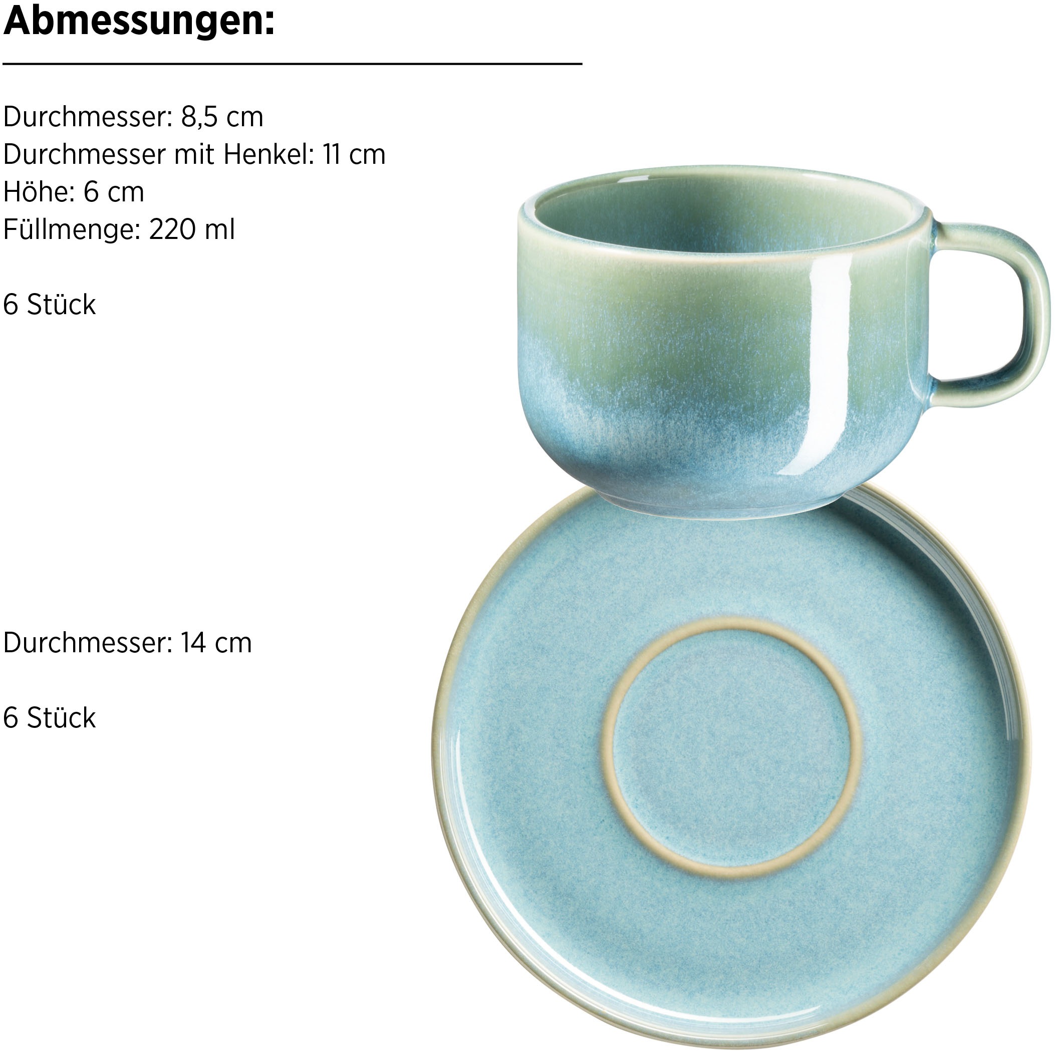 MÄSER Tasse »Kaffeetassen-Set Cordelia, aus Steinzeug«, (Set, 12 tlg.), 12er Set, bestehend aus 6 Tassen und 6 Untertassen