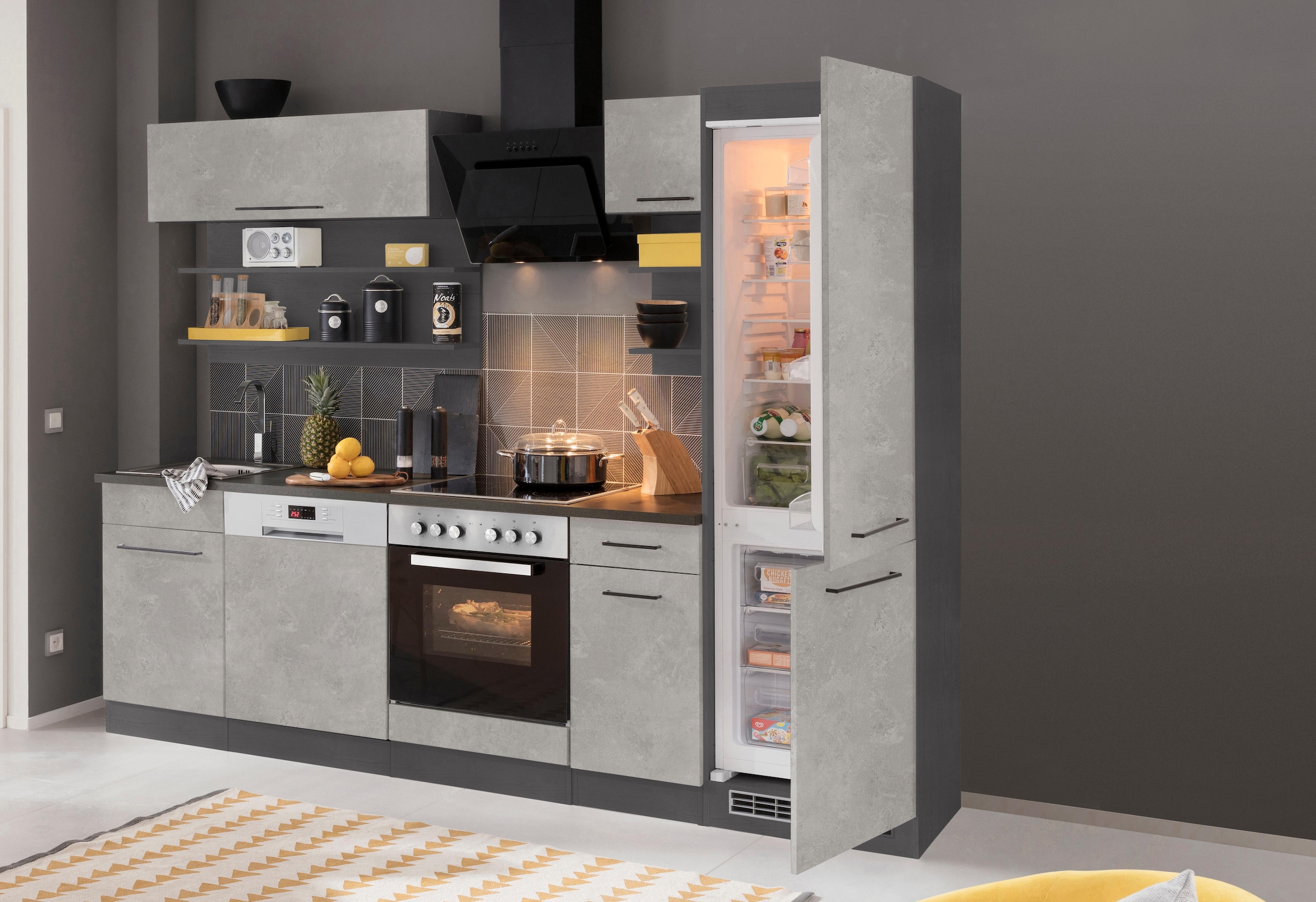 KOCHSTATION Küchenzeile »KS-Tulsa«, mit E-Geräten, Breite 270 cm, schwarze Metallgriffe, MDF Fronten