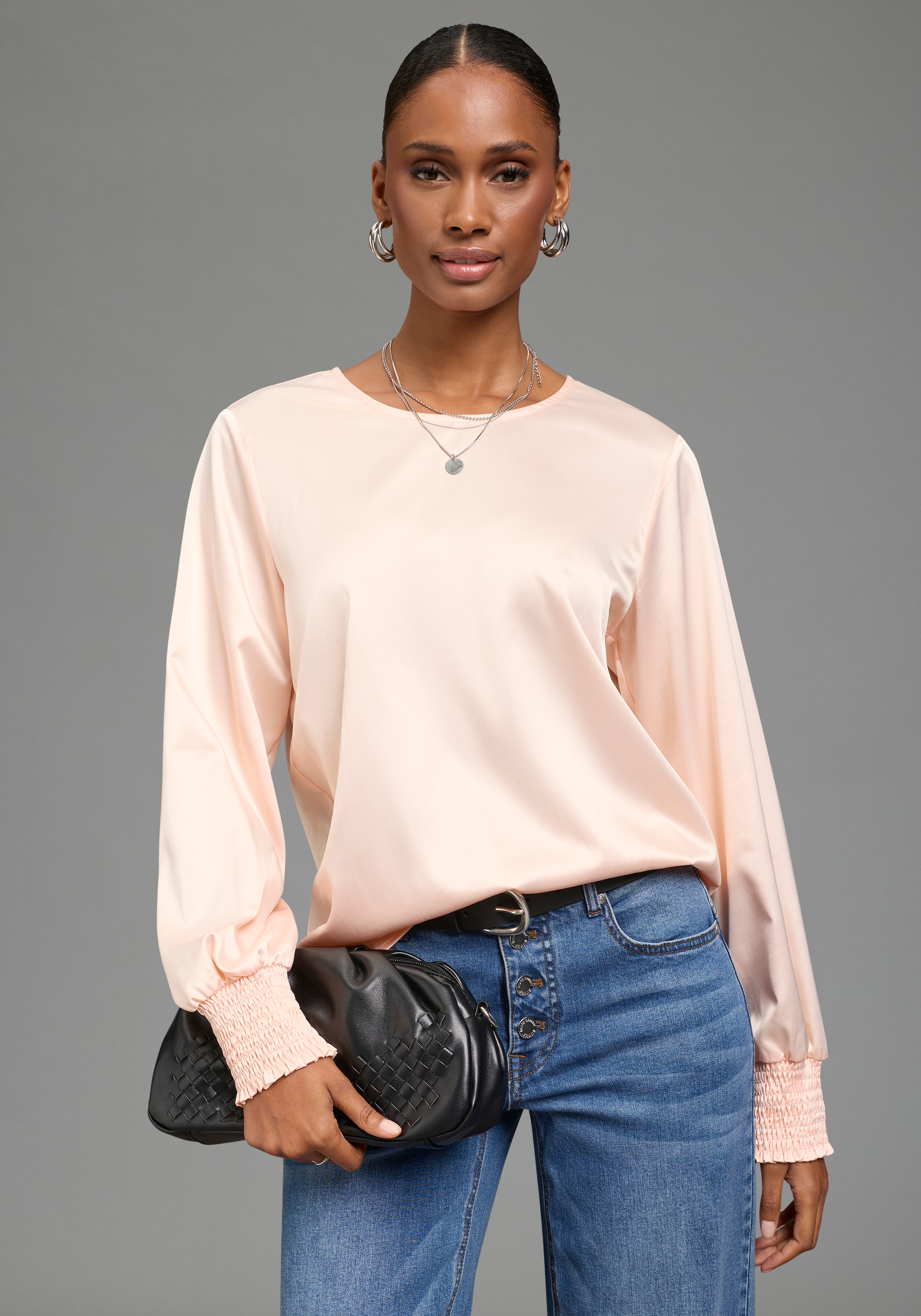 Laura Scott Schlupfbluse Festliche Satin-Bluse, Elastikbündchen am Ärmel, glänzender Stoff