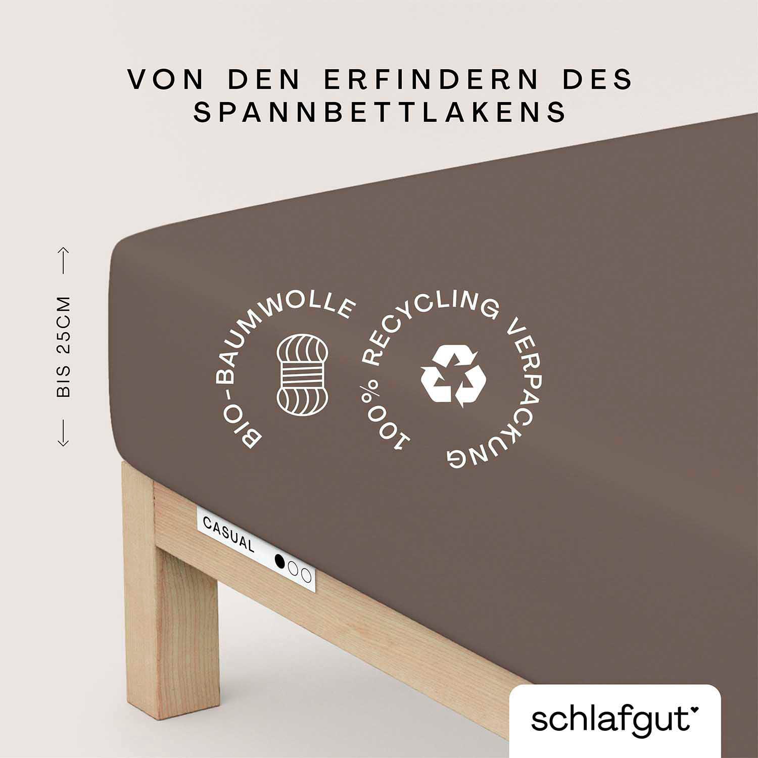 Schlafgut Spannbettlaken "CASUAL Bettlaken 100% gekämmte Bio-Baumwolle, 150 g/m², Spannbetttuch" Bettlaken bis 25 cm Höhe, langlebig, weich, Antipilling-Ausrüstung