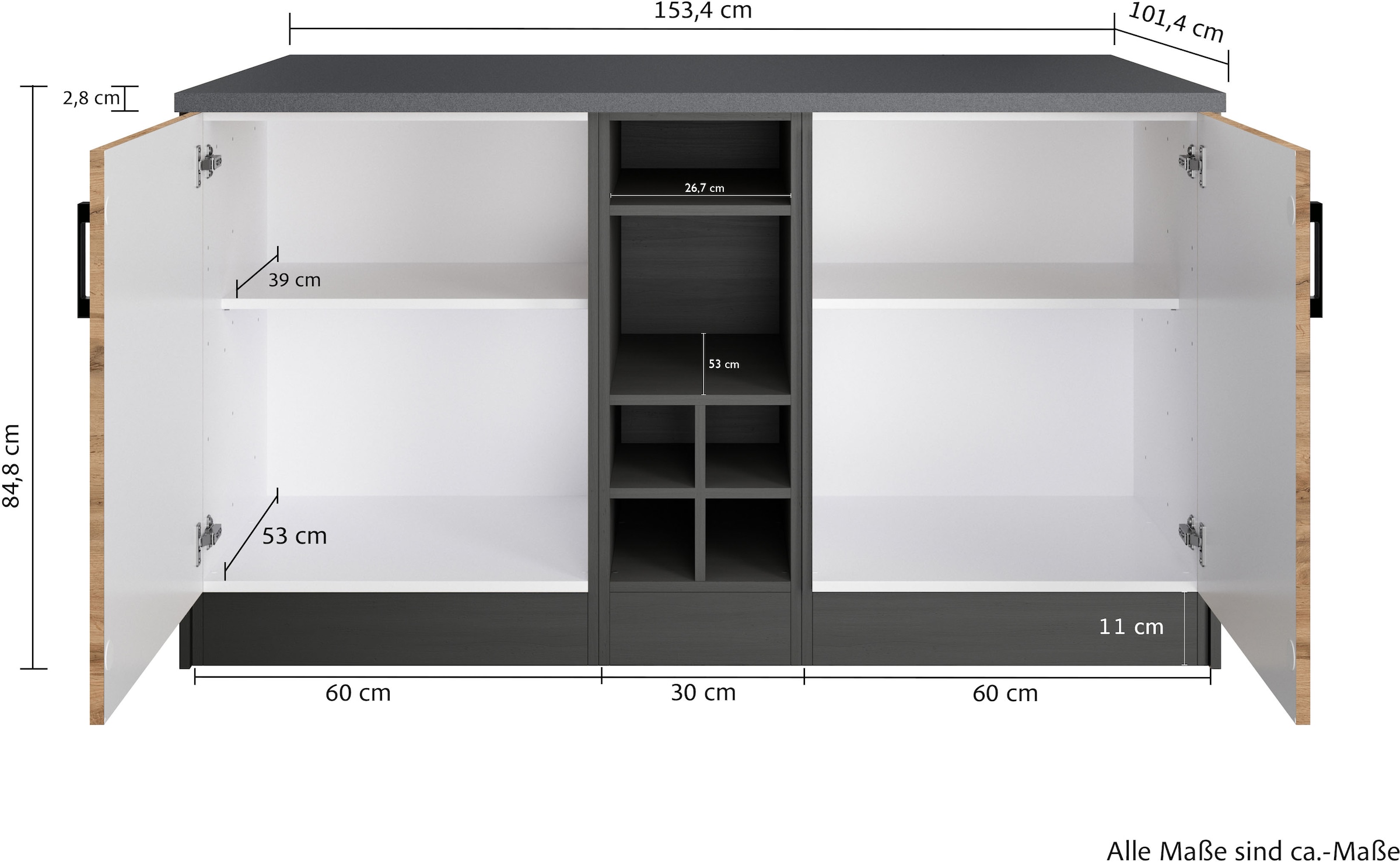 KOCHSTATION Kücheninsel »KS-Toronto«, Breite 153 cm, MDF-Fronten, Flaschenregal