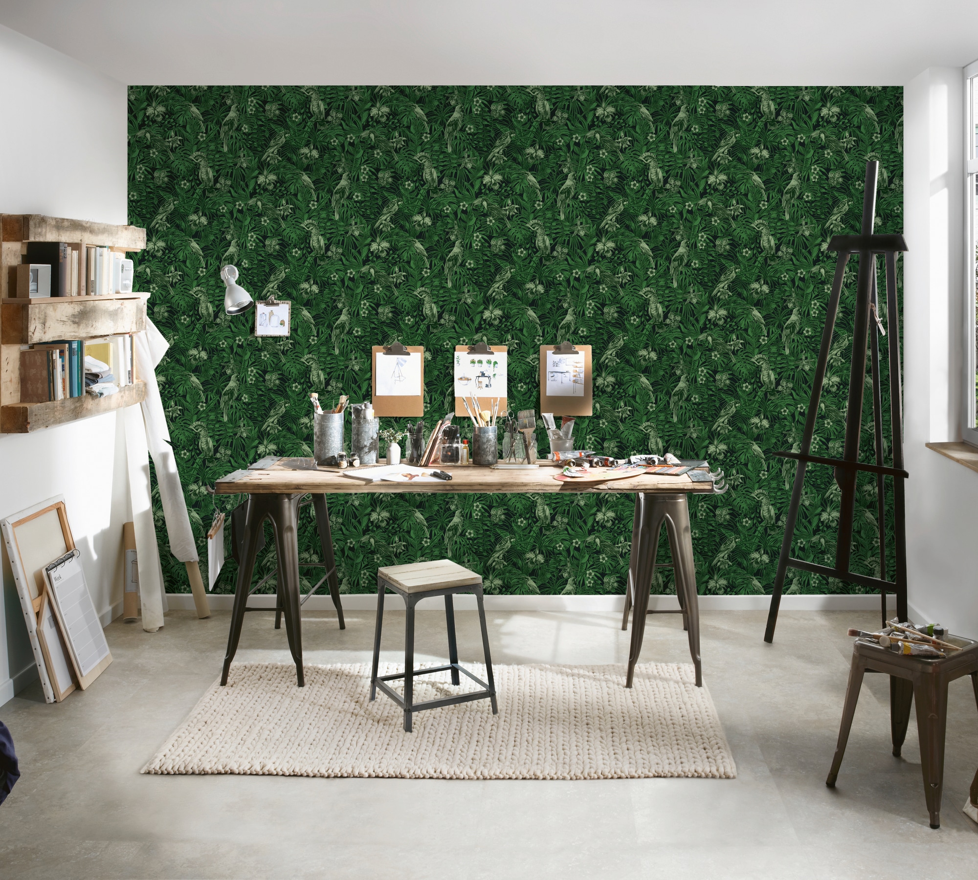 A.S. Création Vliestapete »Greenery mit Palmenprint in Dschungel Optik« Wald | botanisch | floral strukturiert Vogeltapete Tapete Dschungel Tapeten Wohnzimmer Schlafzimmer Küche