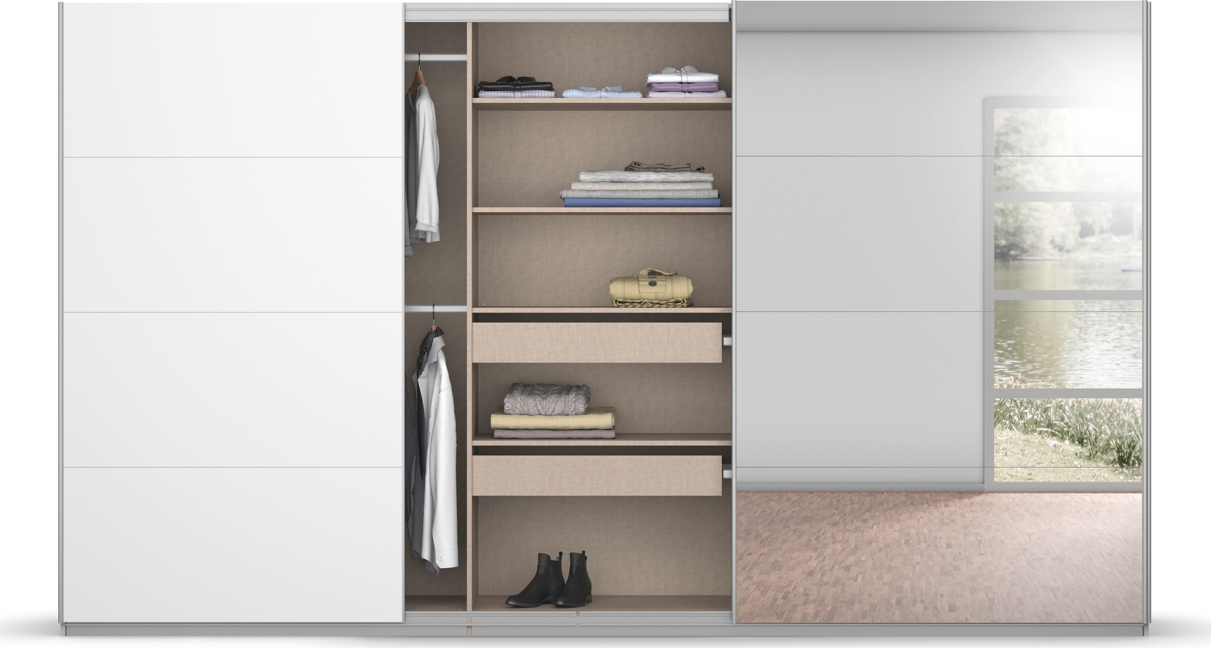 rauch Schwebetürenschrank »Kleiderschrank Schrank Garderobe KOLUNA mit Glastüren und Spiegel«, inkl. 2 Innenschubladen sowie extra Einlegeböden MADE IN GERMANY