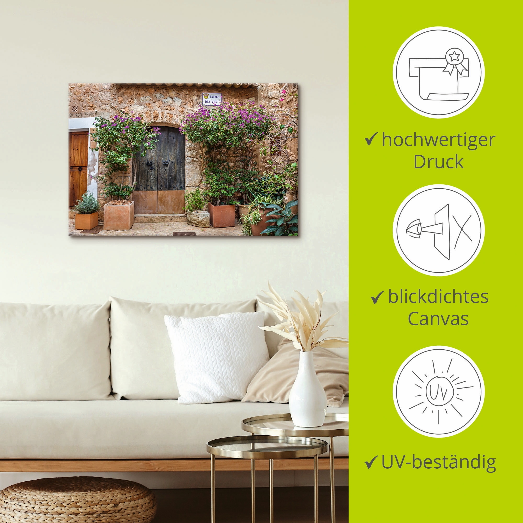 Artland Leinwandbild »Altstadtgasse im Dorf Fornalutx Mallorca«, Fenster & Türen, (1 St.), auf Keilrahmen gespannt