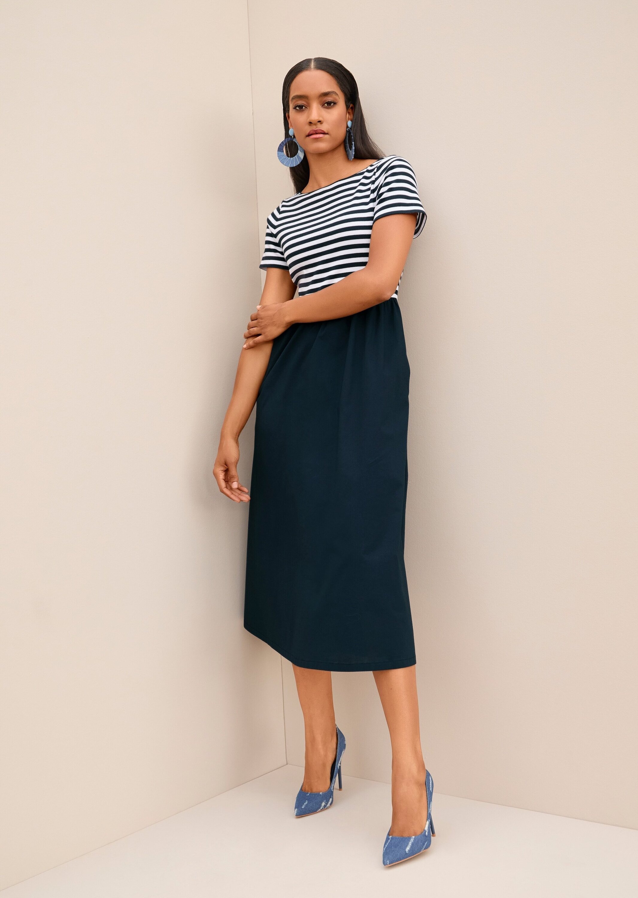 MADELEINE Midikleid »Jerseykleid Baumwollkleid mit Streifendetails« Nahttasche Seitennahttaschen