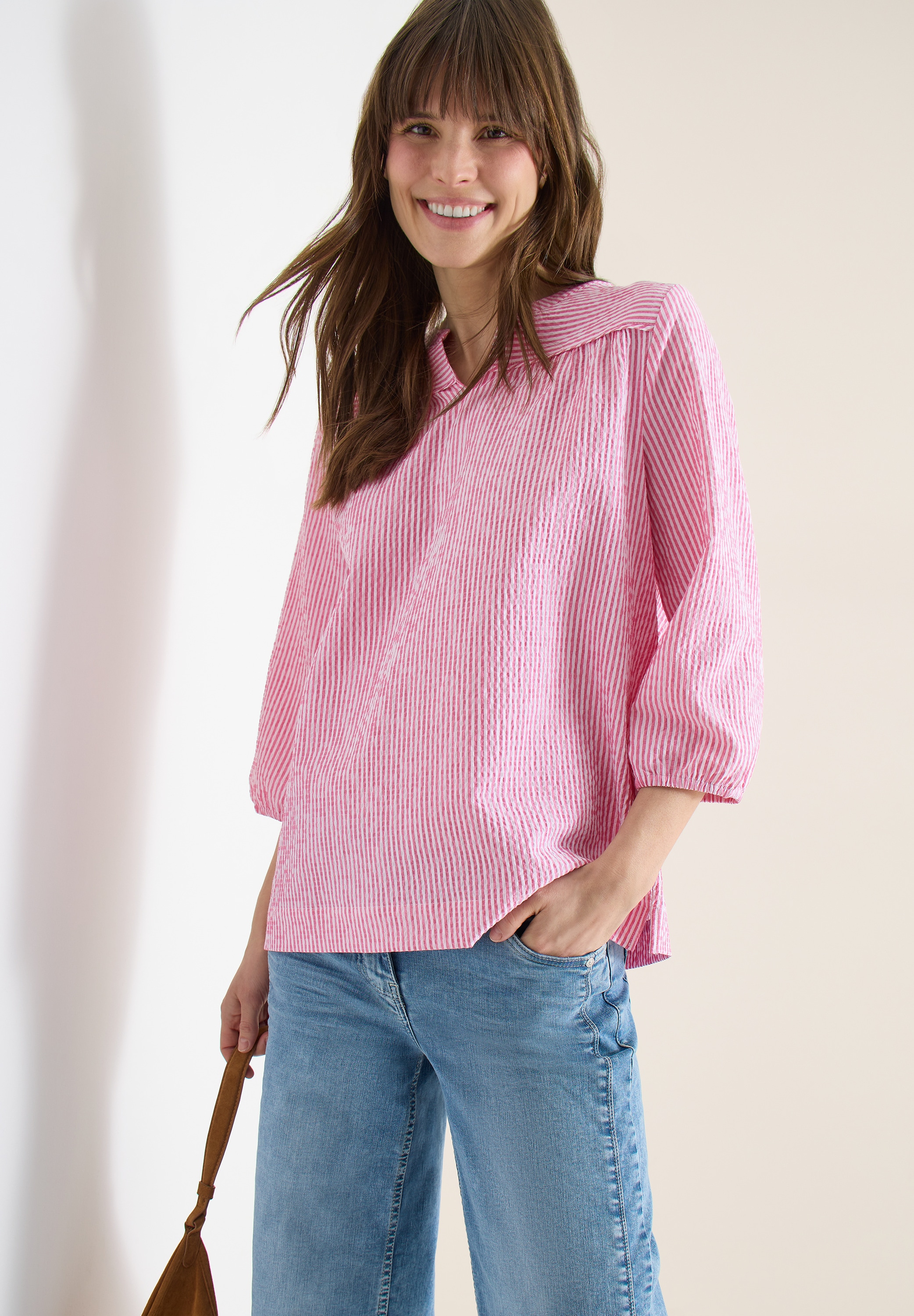 Cecil Hemdbluse 3/4-Arm-Bluse in Seersucker Qualität und Streifen-Optik