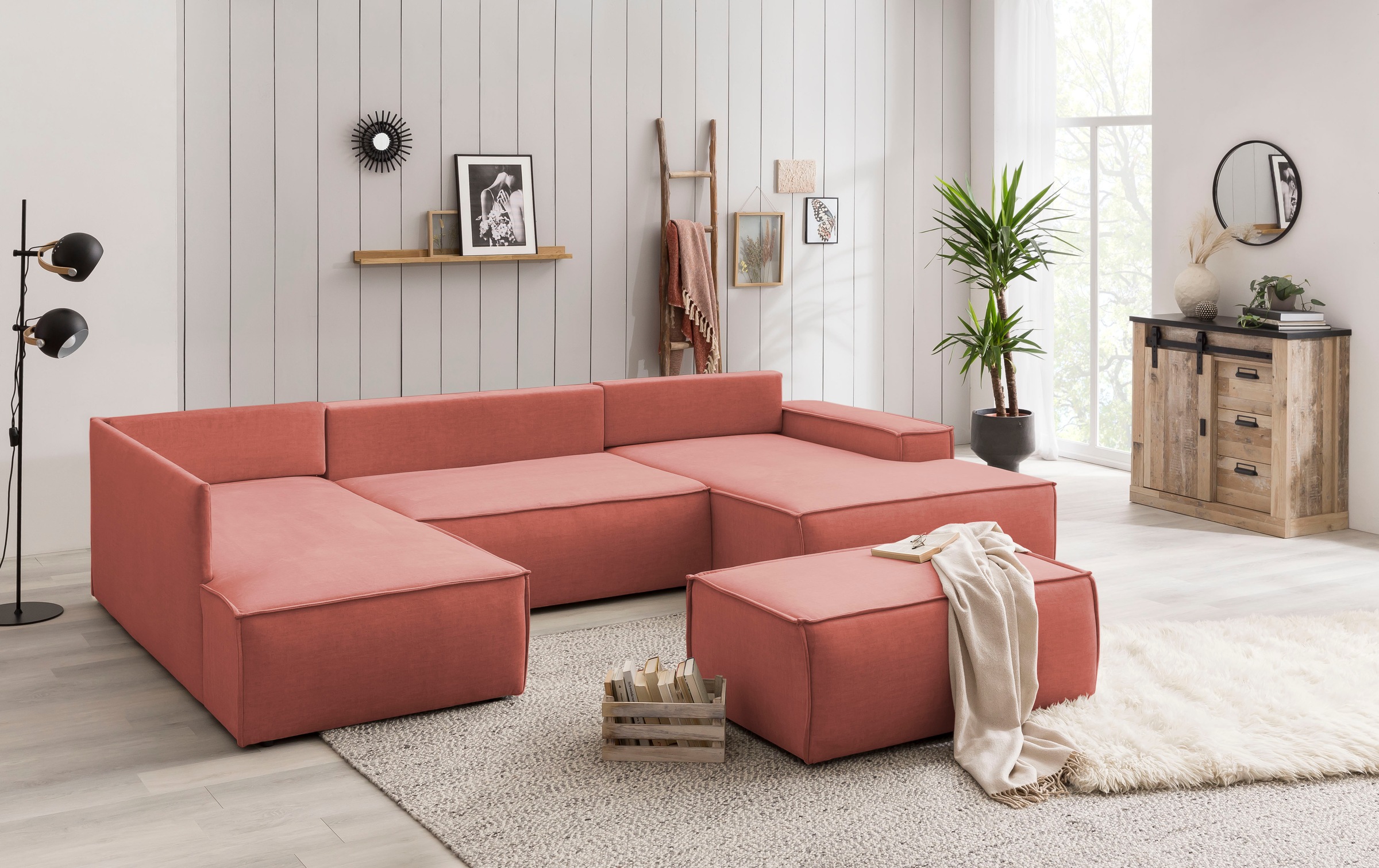 Home affaire Wohnlandschaft »SHERWOOD 329 cm, U-Form, Schlafsofa,«, Schlaffunktion m. Bettkasten (194x139 cm), Cord, Vintage, Samtvelours