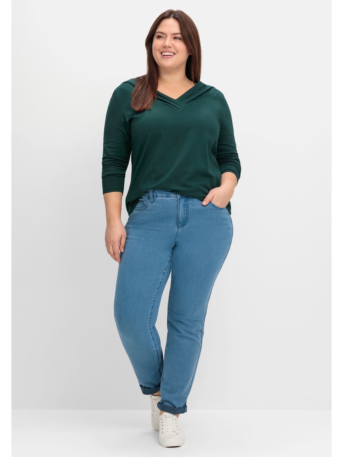sheego by Joe Browns Langarmshirt »Große Größen«, mit Zierfalten am V-Ausschnitt, A-Linie