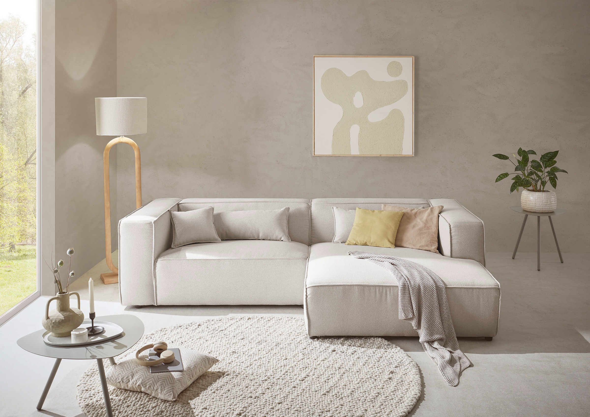 LeGer Home by Lena Gercke Ecksofa »PIARA mit Kedernaht in Cord oder Leinenoptik, moderne Couch in L-Form«, wahlweise Ottomane rechts/links, schwarze Füße, bequemer Sitzkomfort