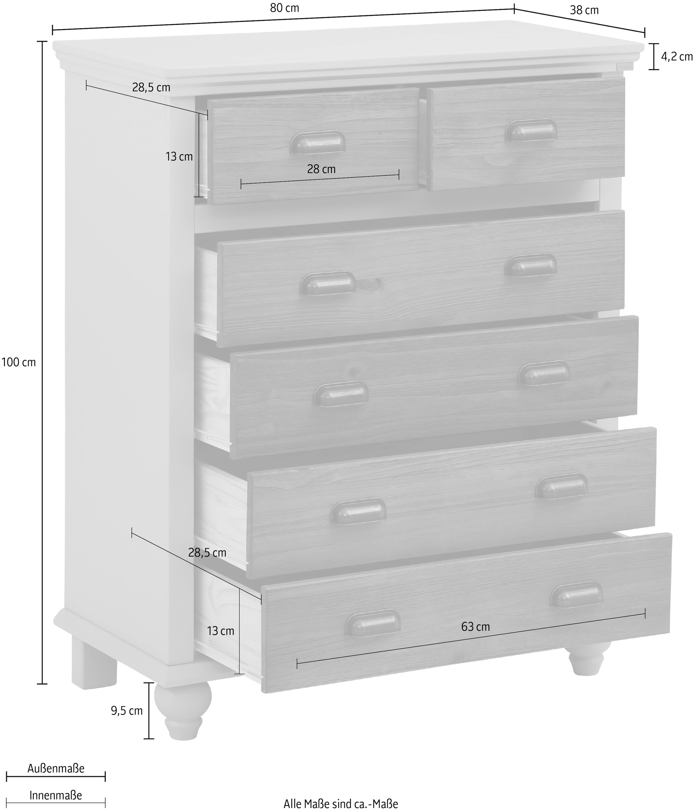 Home affaire Kommode »Borey«, (1 St.), 2 kleine und 4 große Schubkästen, Massivholz, Höhe 100cm, Breite 80cm