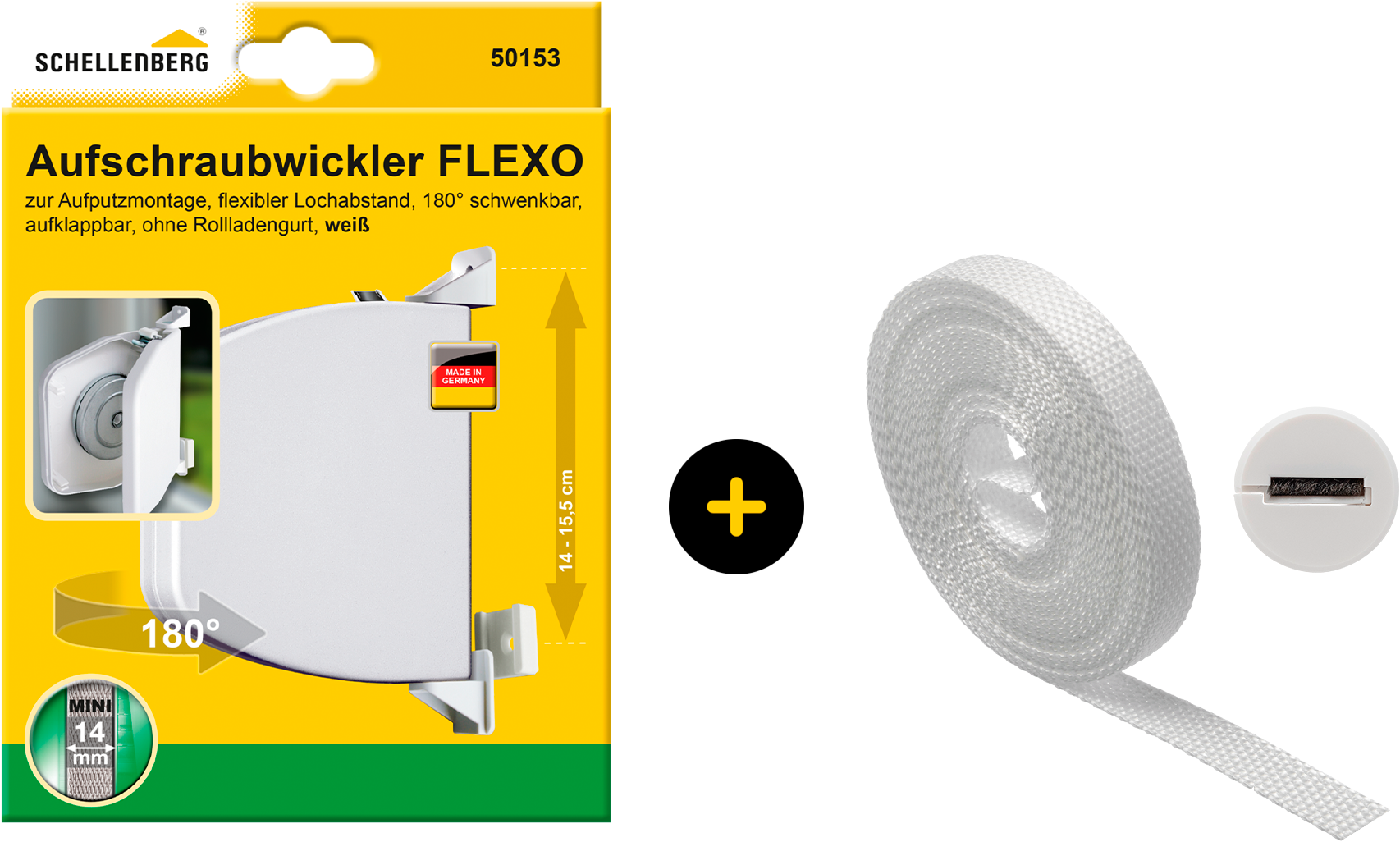 SCHELLENBERG Aufputz-Gurtwickler "Flexo Rollladensystem Mini, inkl. Gurt weiß und Gurtführung" Set, 1 Stk. tlg. Aufschraubwickler aufklappbar, höhenverstellbar, 180 schwenkbar weiß