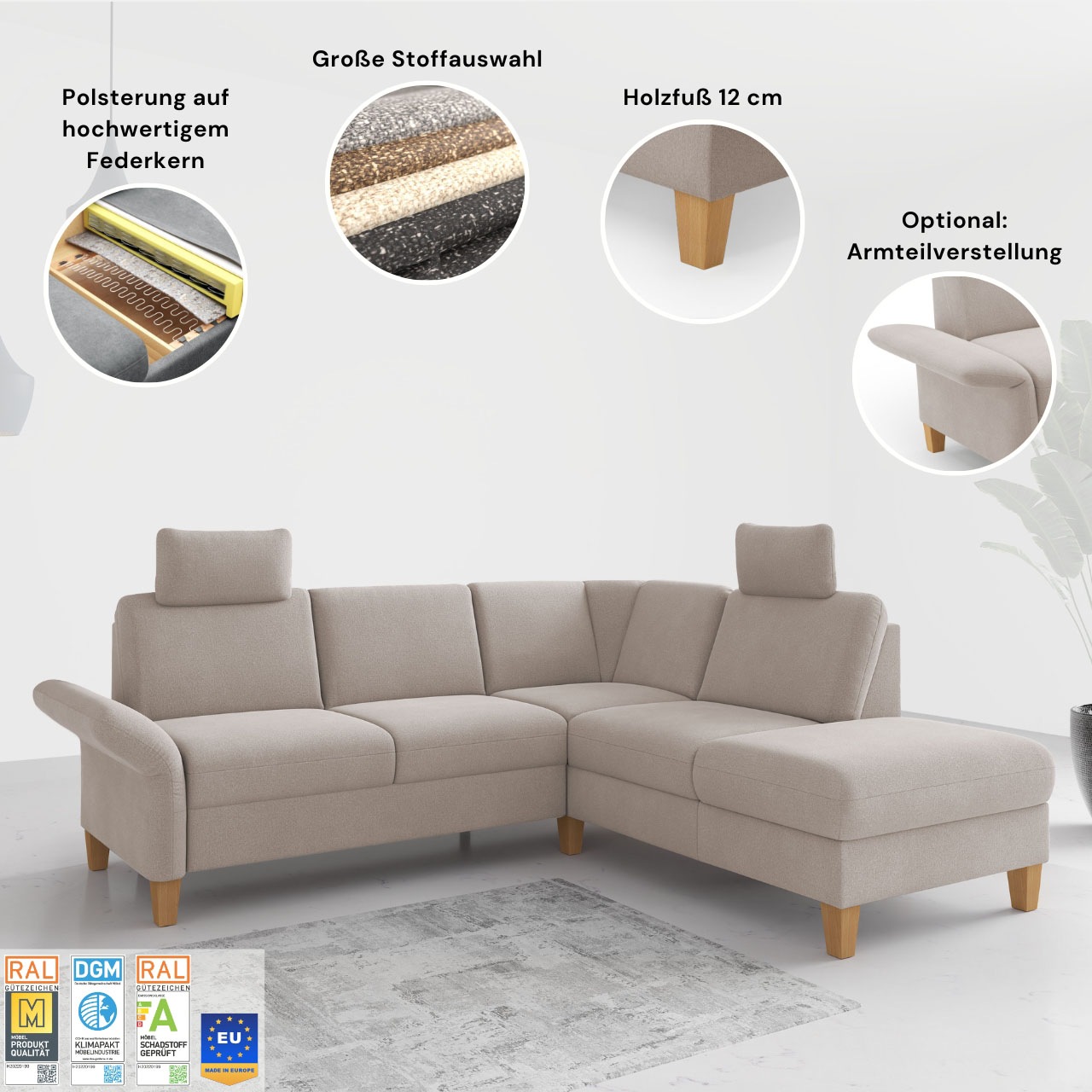 Ecksofa HOME AFFAIRE "Rochelle, L-Form", grau (taupe), B:240cm H:90cm T:216cm, 95% Polyester 5% Polyamid, Sofas, Ecksofa, wahlweise mit Armteilverstellung, Bettfunktion und Bettkasten 3
