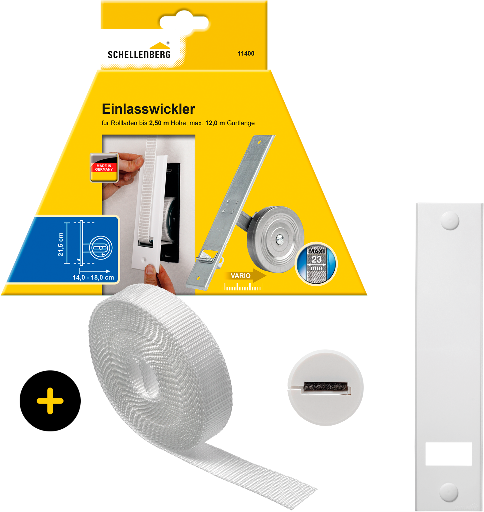 SCHELLENBERG Einlass-Gurtwickler "inkl. Abdeckplatte, Gurtführung, Rollladengurt grau oder weiß" Set, 1 Stk. tlg. Unterputz Gurtwickler 21,5 cm Lochabstand für das Rollladensystem Maxi