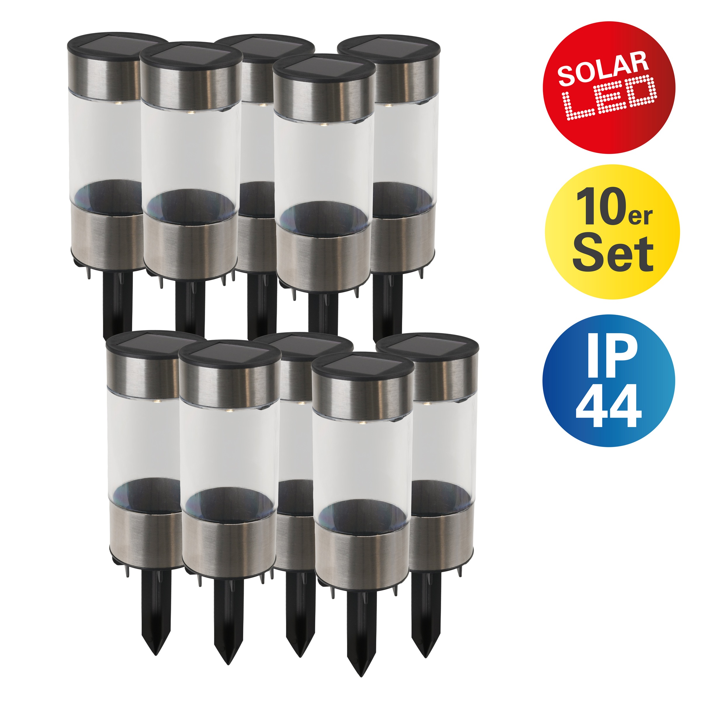 näve LED Solarleuchte "Rota" LED-Modul 1 Stk. Warmweiß 10er Set runde Dekoerdspieße, LED warmweiß, je H: 19cm, D: 5cm, silber