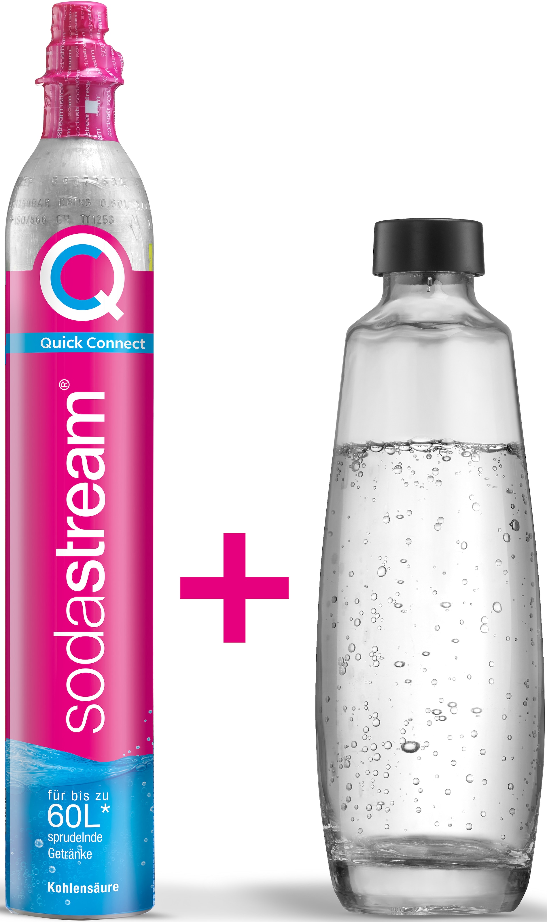 SodaStream Wassersprudler "QC-Reservepack", (Set, 2 tlg.), 1x Quick Connect CO2-Zylinder (Ergiebigkeit: 60L), 1x 1L Glas